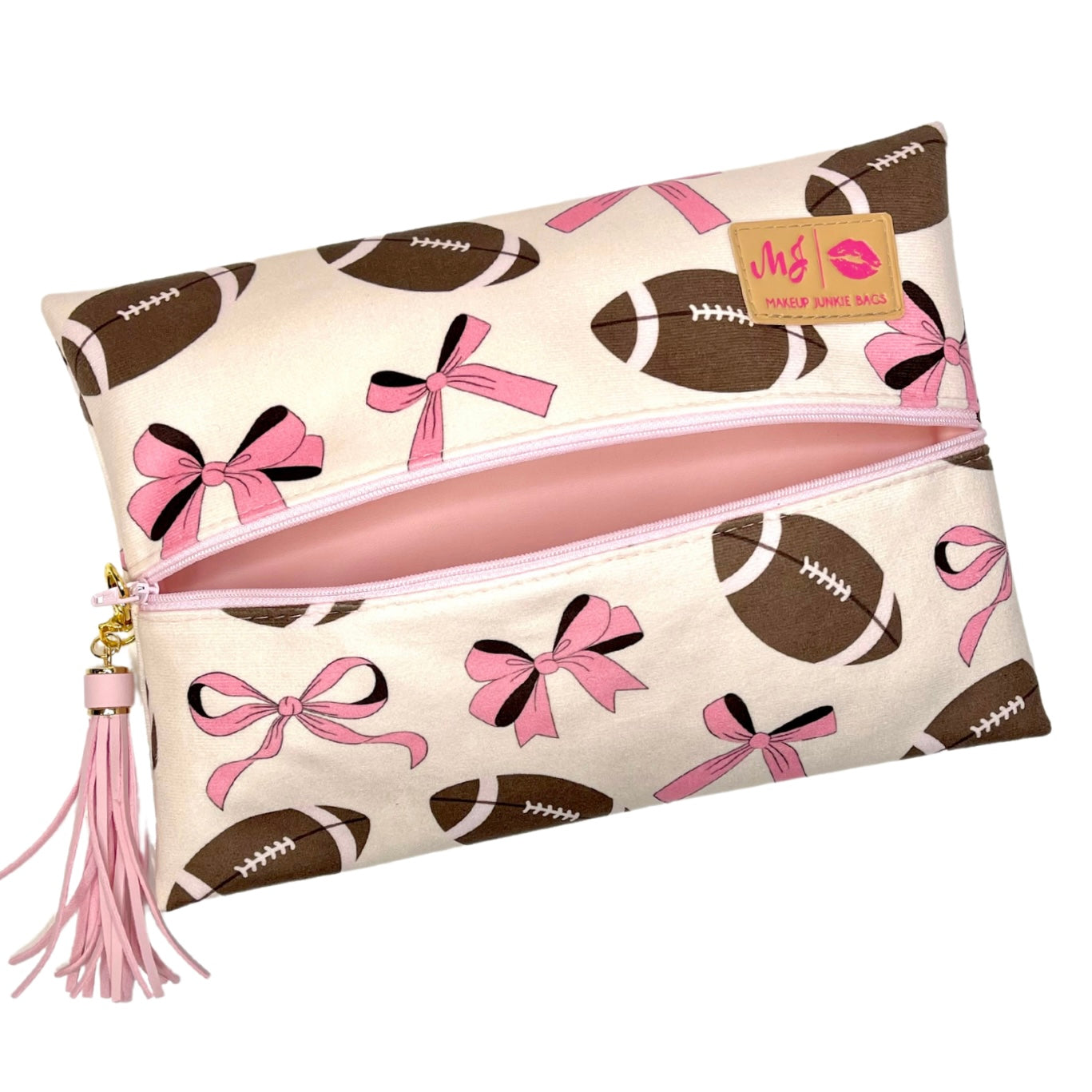 Pouch with football and bow pattern on a beige background