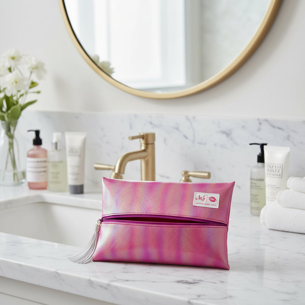 Pink and purple makeup bag with a visible brand logo on a light gray background