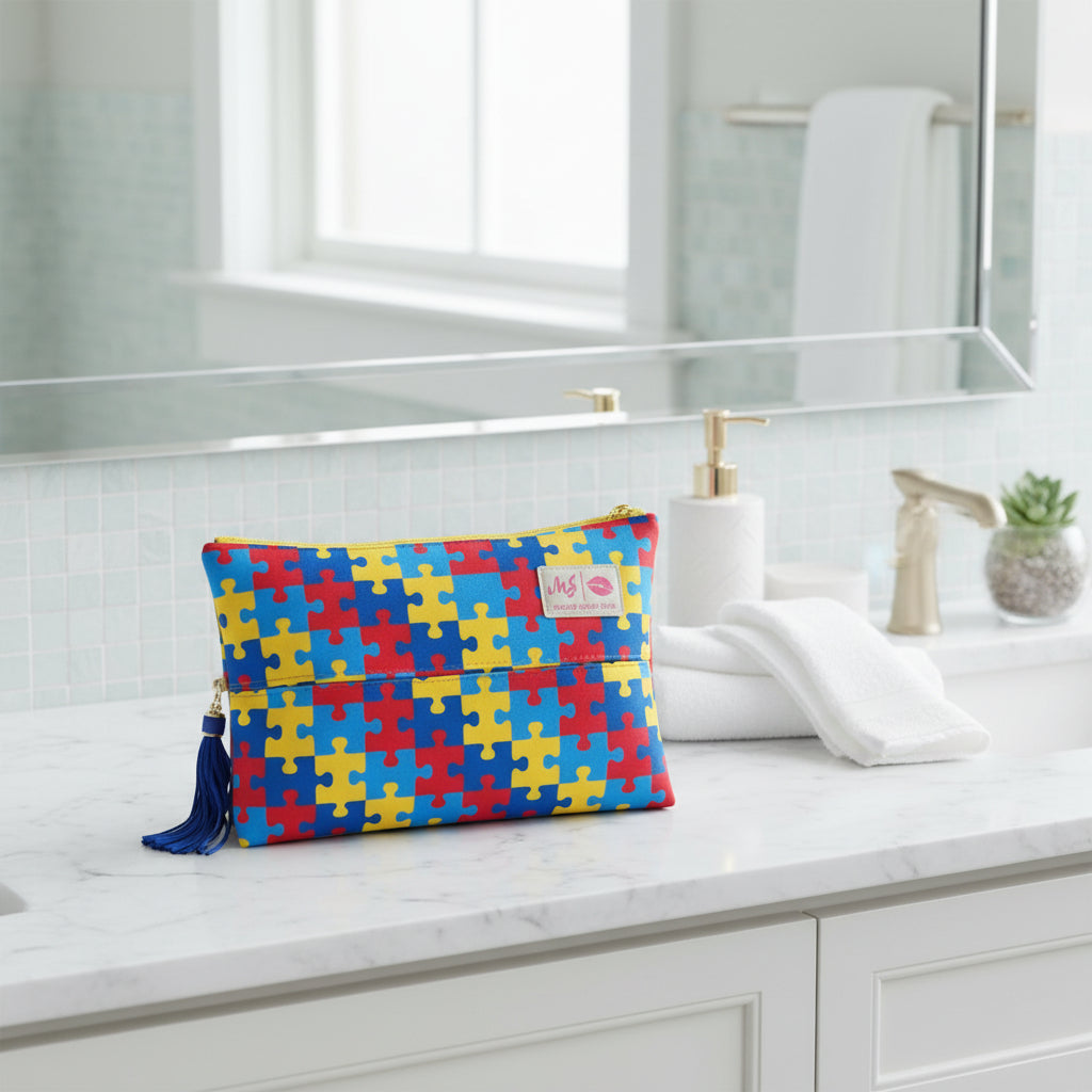 Pouch with puzzle pattern and visible brand logo on a light gray background