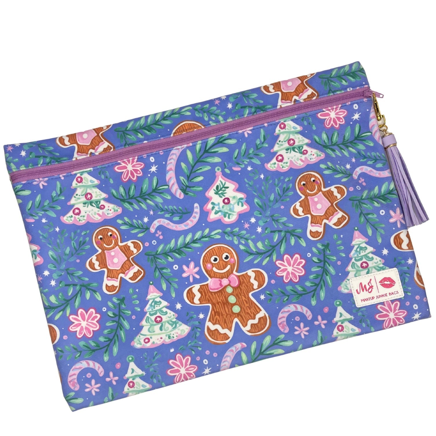 Colorful pouch with gingerbread man and Christmas tree pattern on a white background