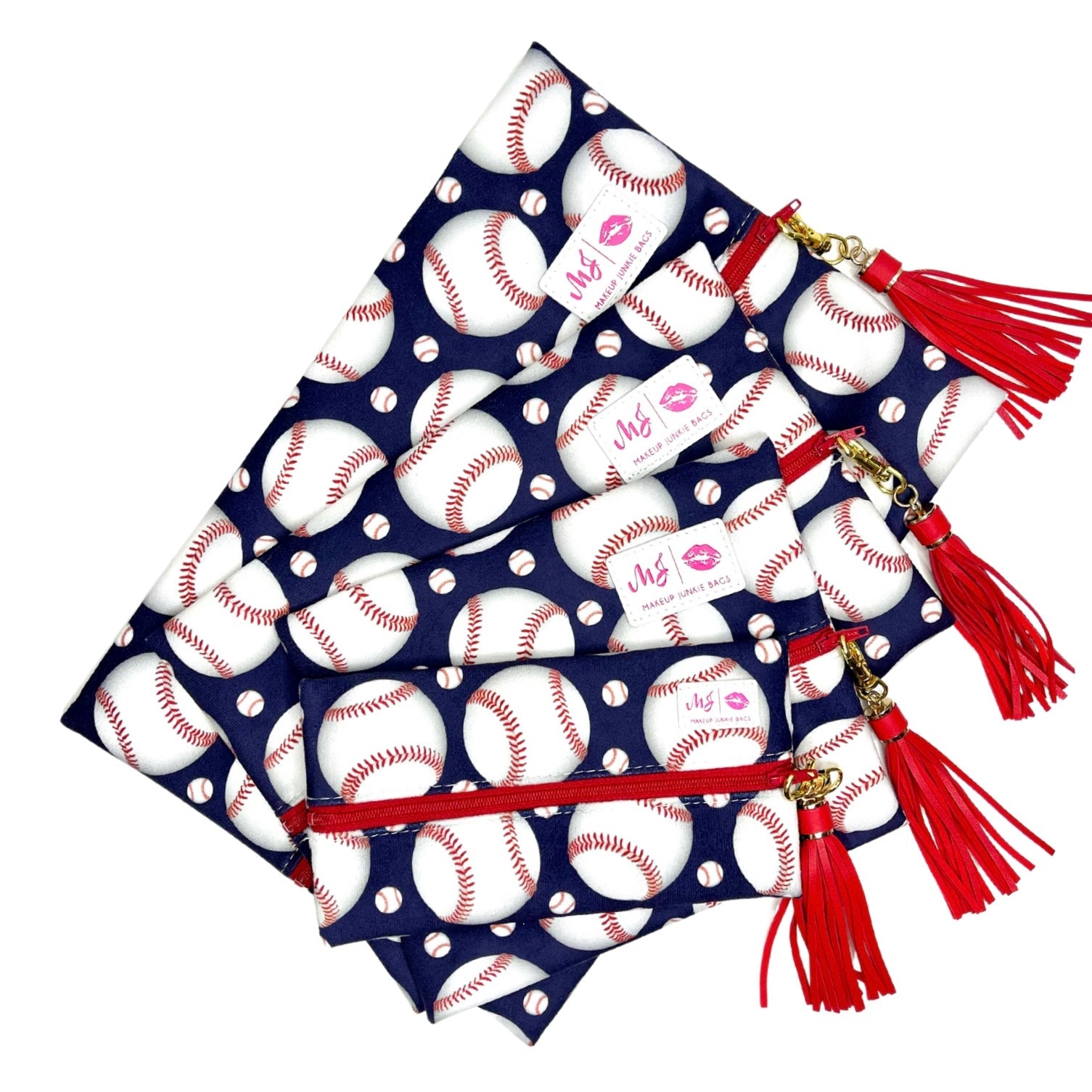 Navy pouch with baseball pattern and red tassels on a white background