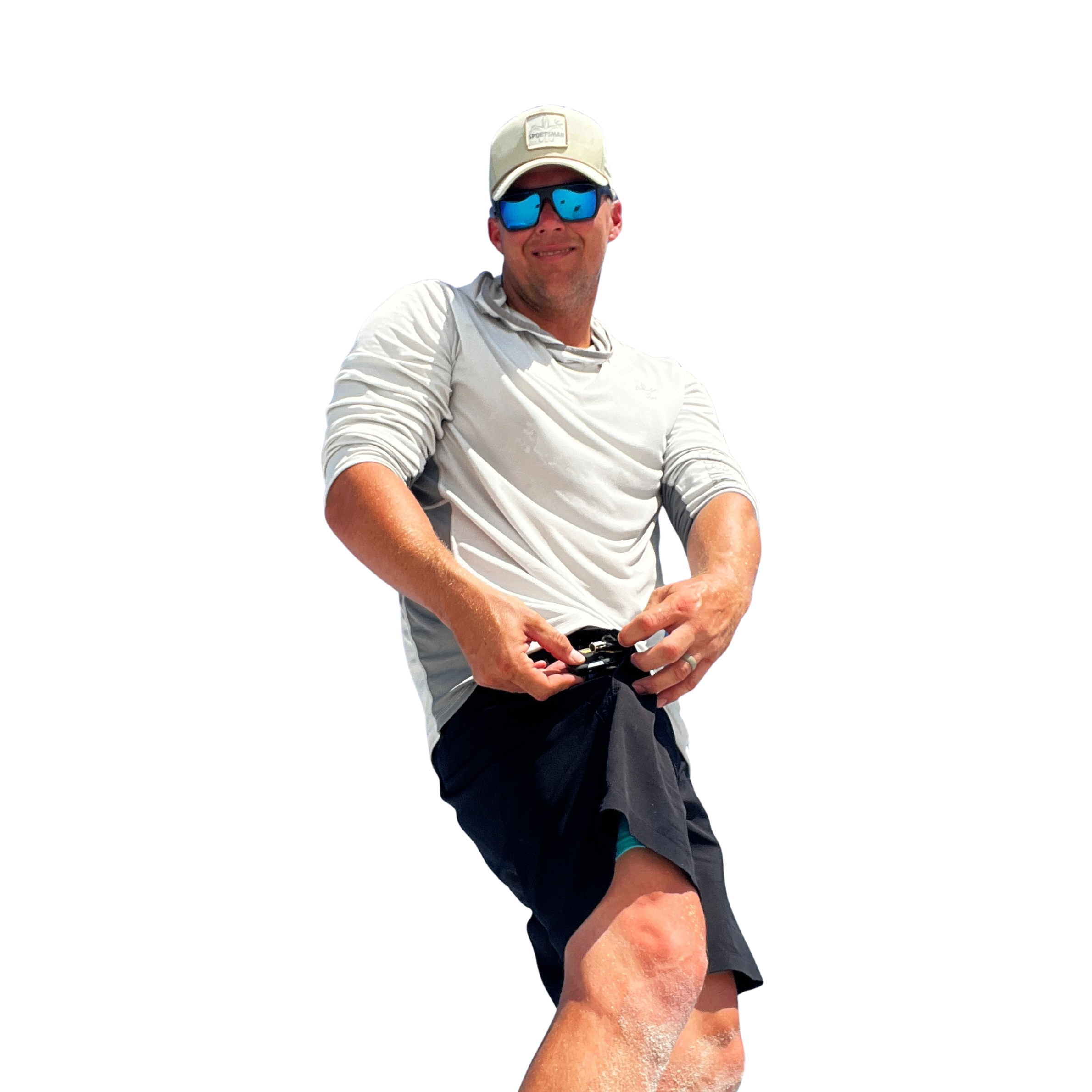 Man wearing sunglasses, a cap, and a white shirt on a white background