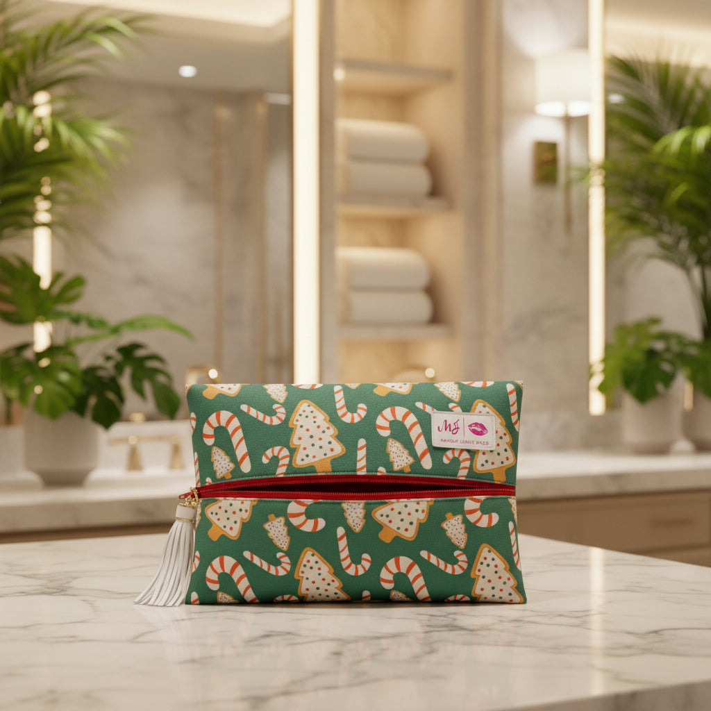 Makeup bag with Christmas-themed design featuring cookies and candy canes on a green background.