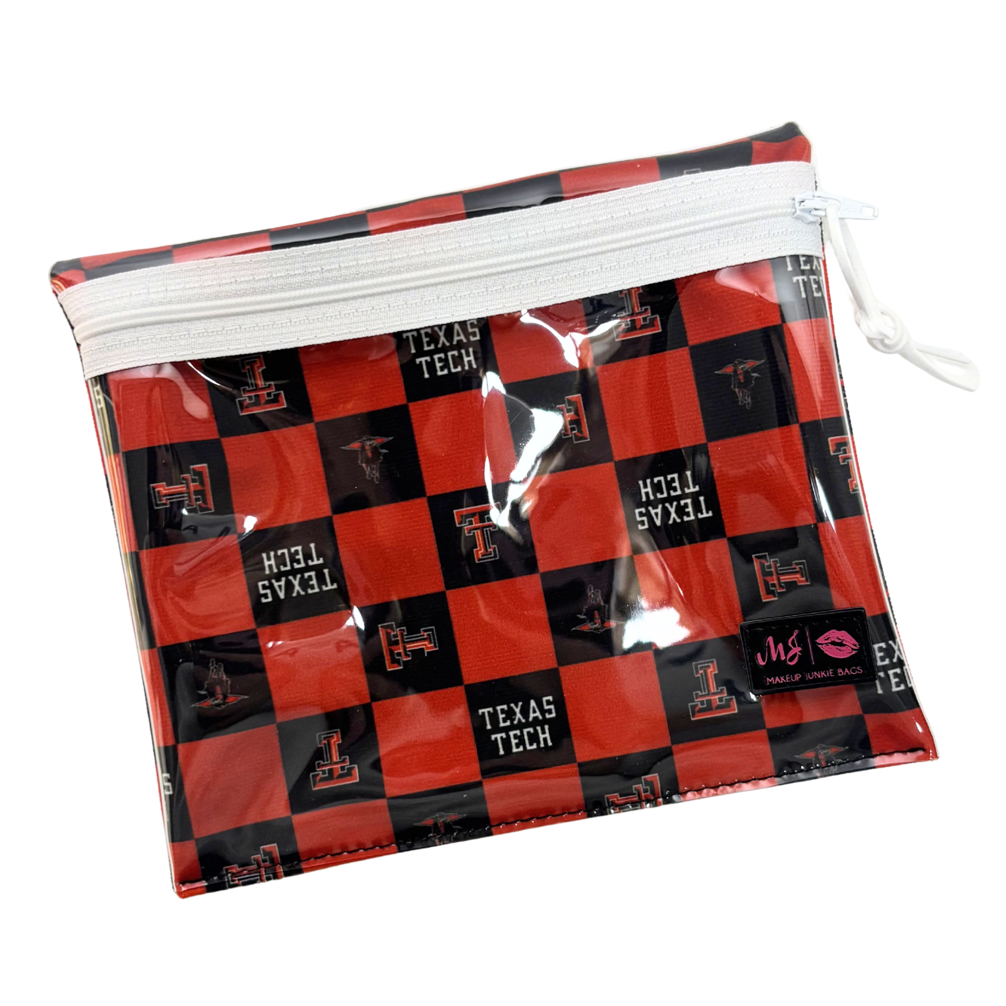 Checkered pouch with Texas Tech logo and text on a white background