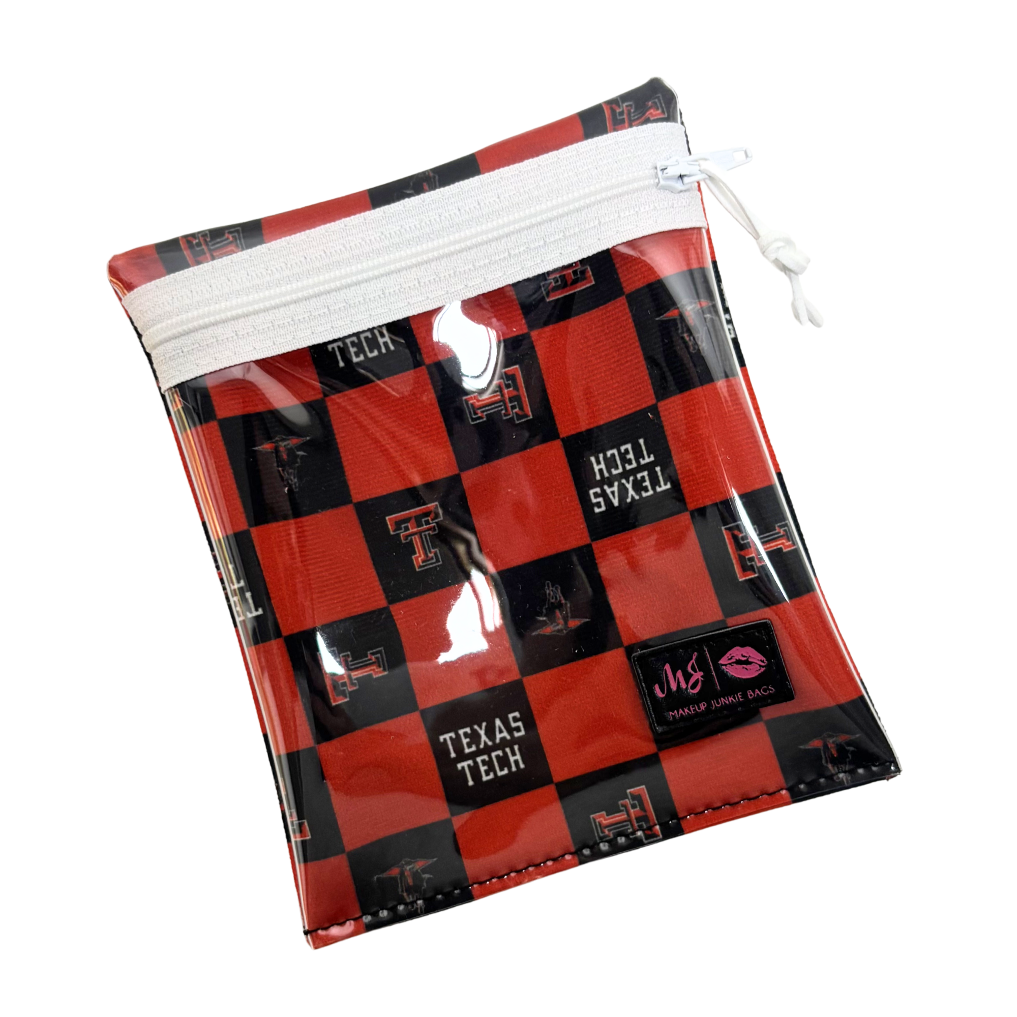 Red and black checkered drawstring bag with Texas Tech logo on a white background