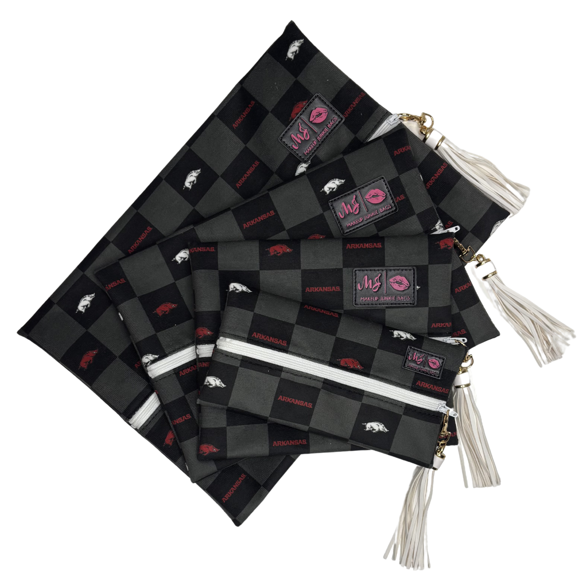 Set of black and gray checkered pouches with tassels on a white background