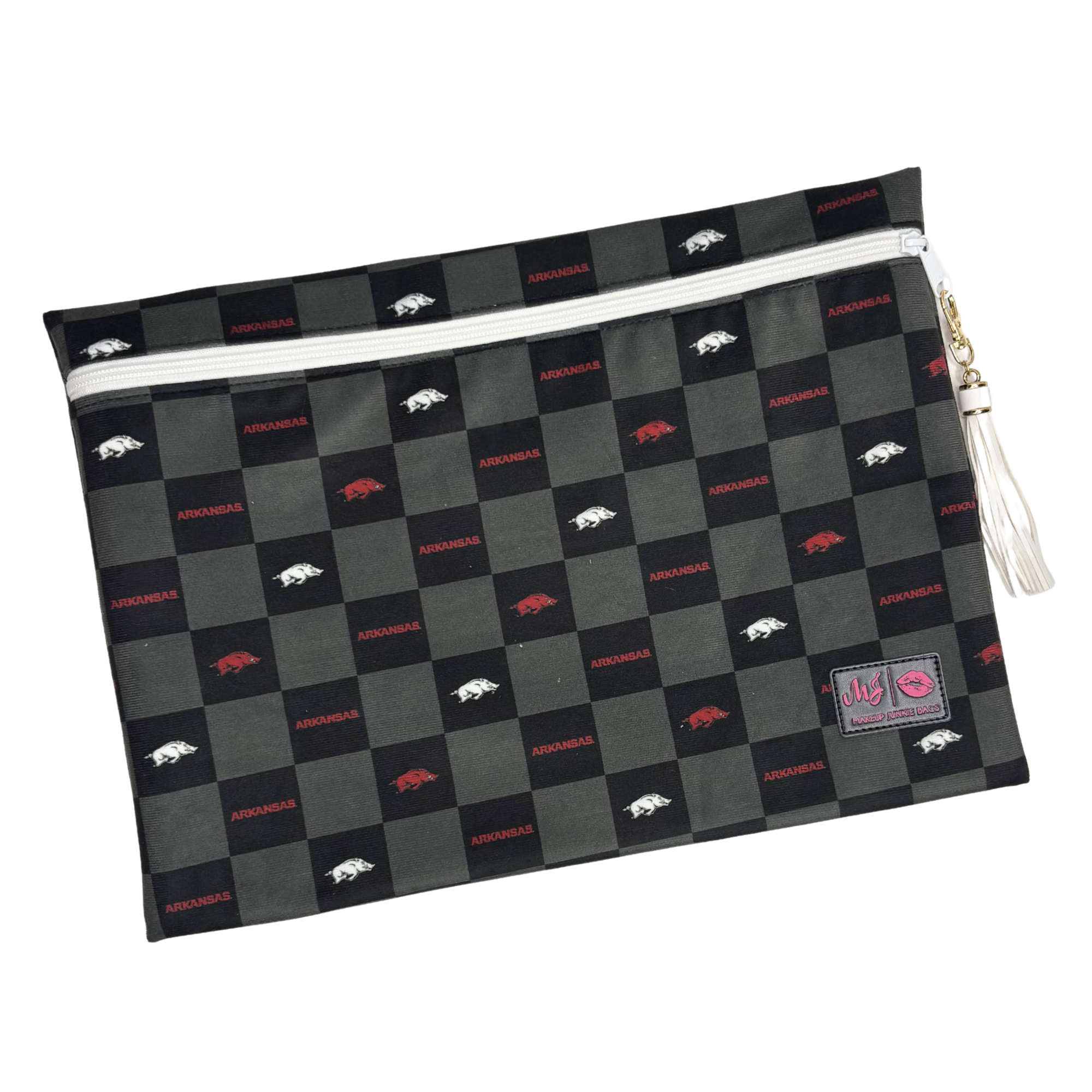 Checkered pouch with logos on a white background