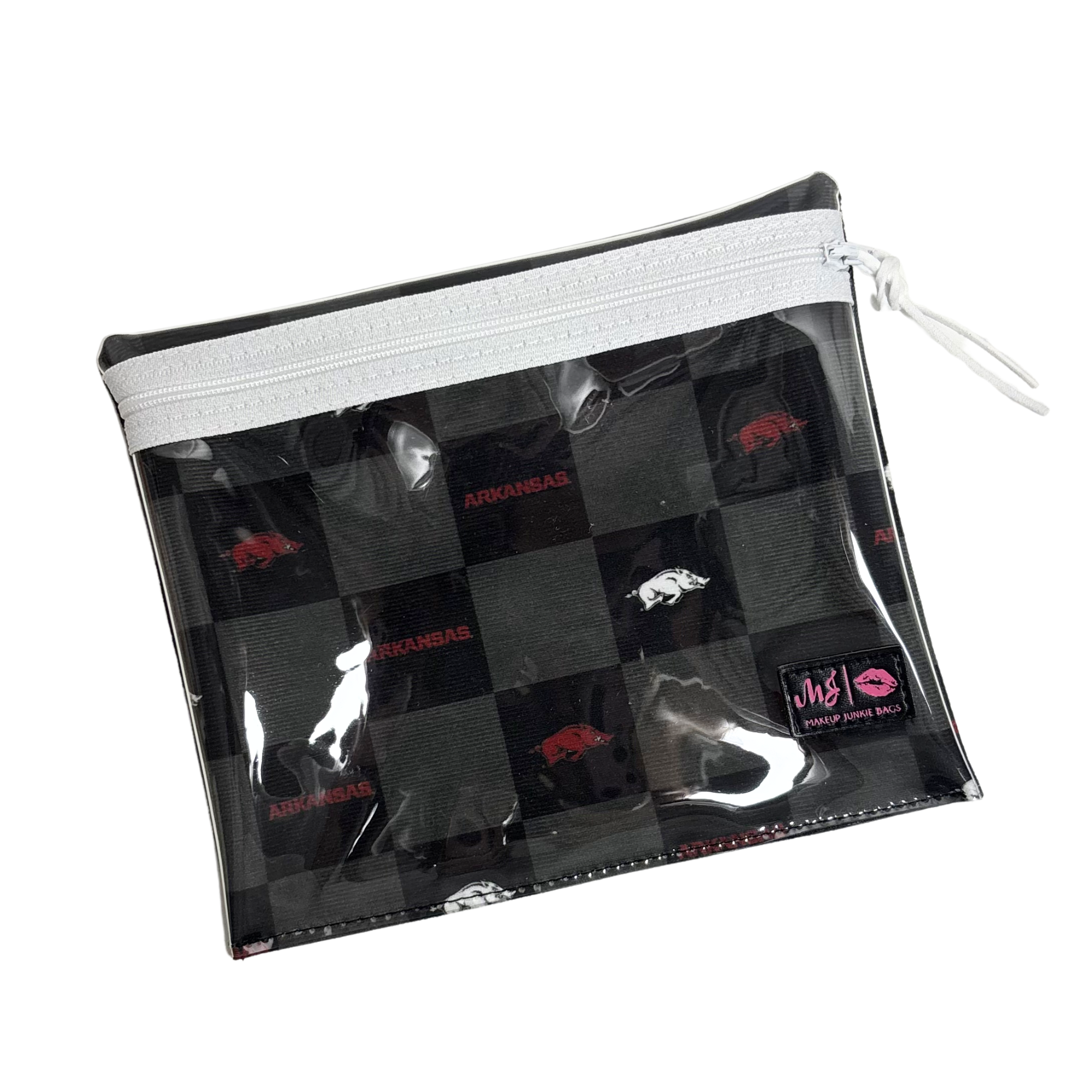 Clear pouch with black checkered pattern and visible brand logos on a white background