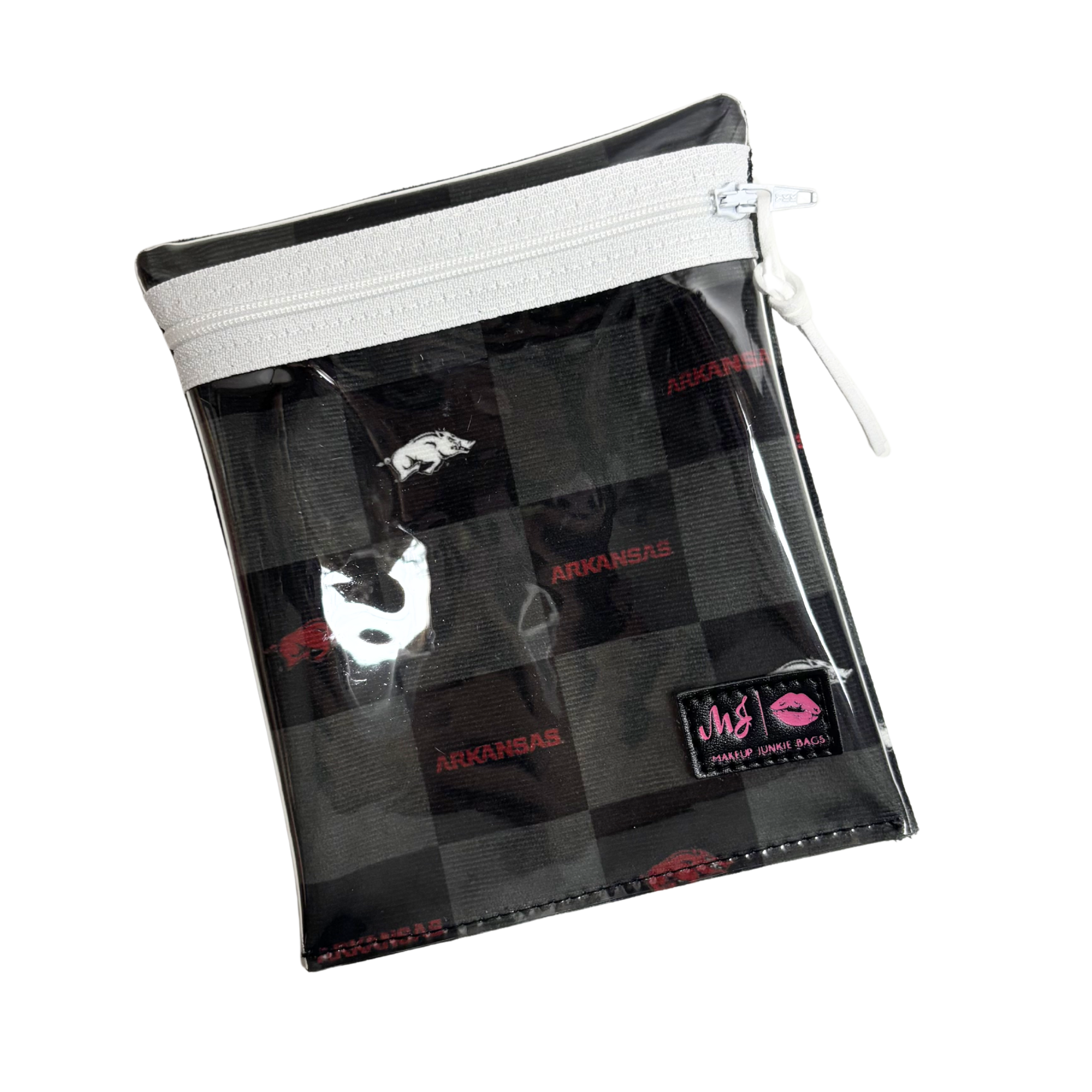 Clear pouch with black checkered pattern and 'Arkansas' text on a white background
