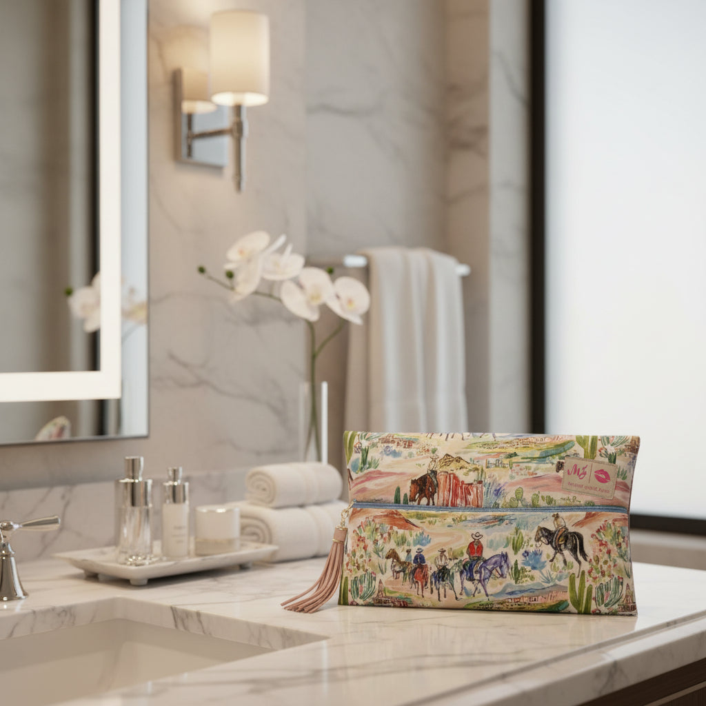 Makeup bag with desert scene design featuring horses and cacti, with a visible brand label.