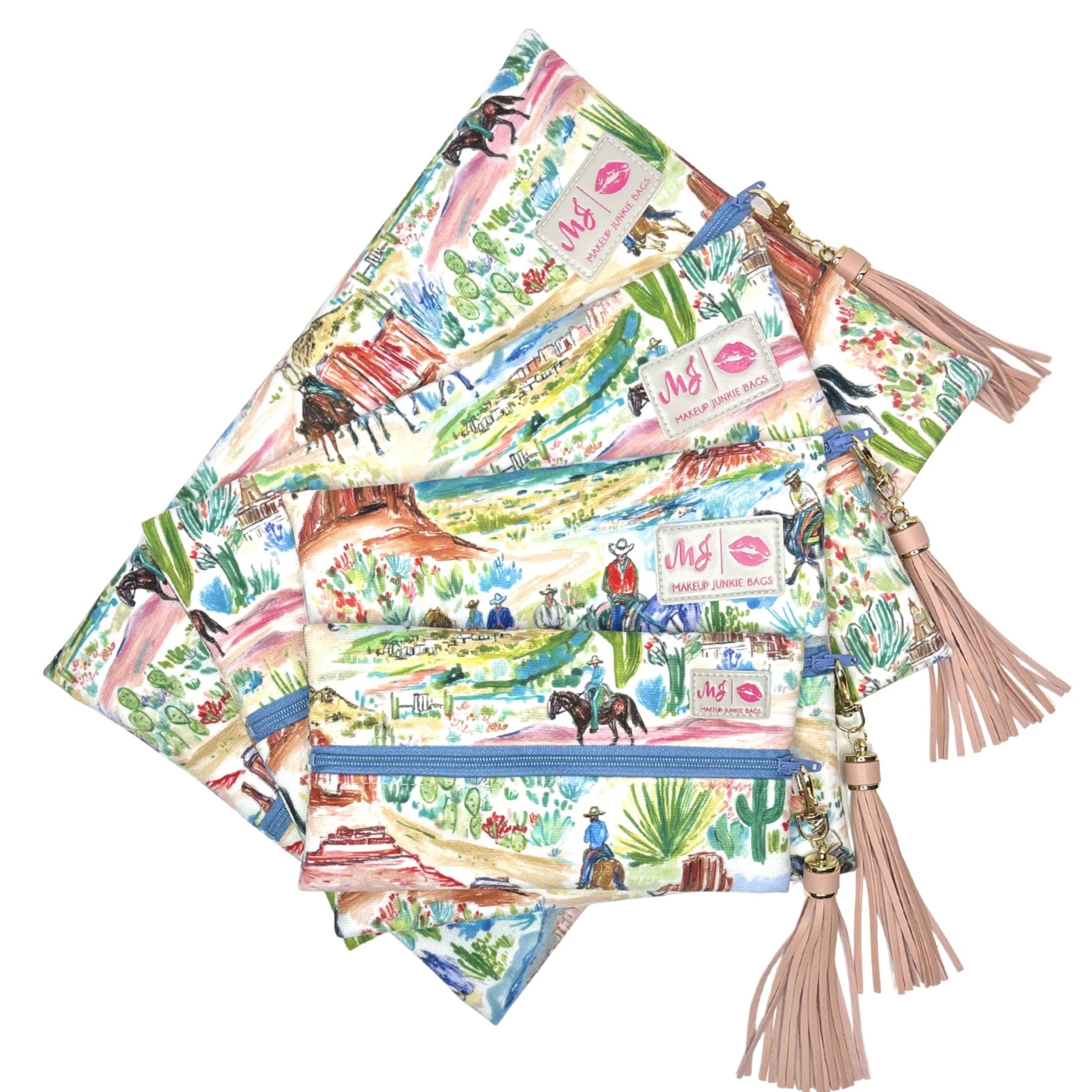 Set of colorful pouches with tassels on a white background