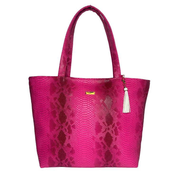 Pink textured tote bag with a tassel on a white background