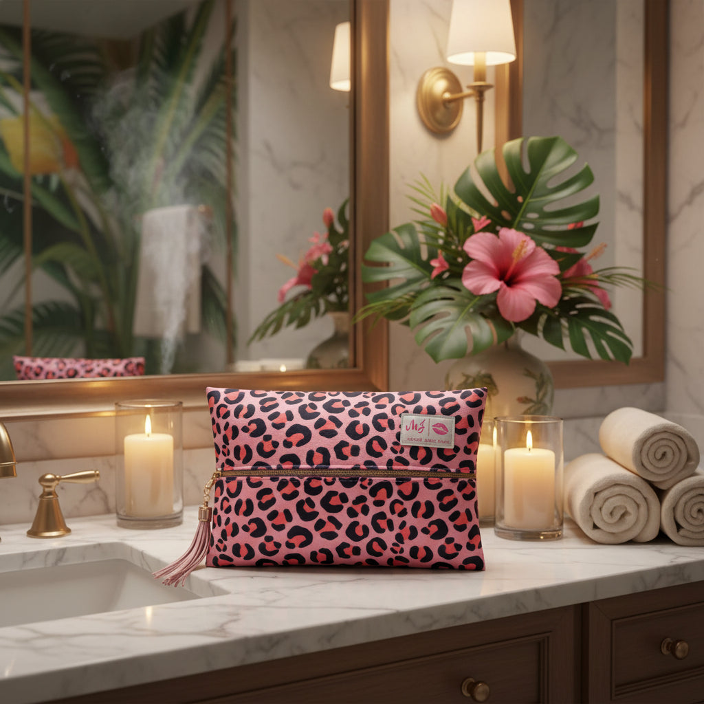 Pink leopard print pouch with a tassel on a white background