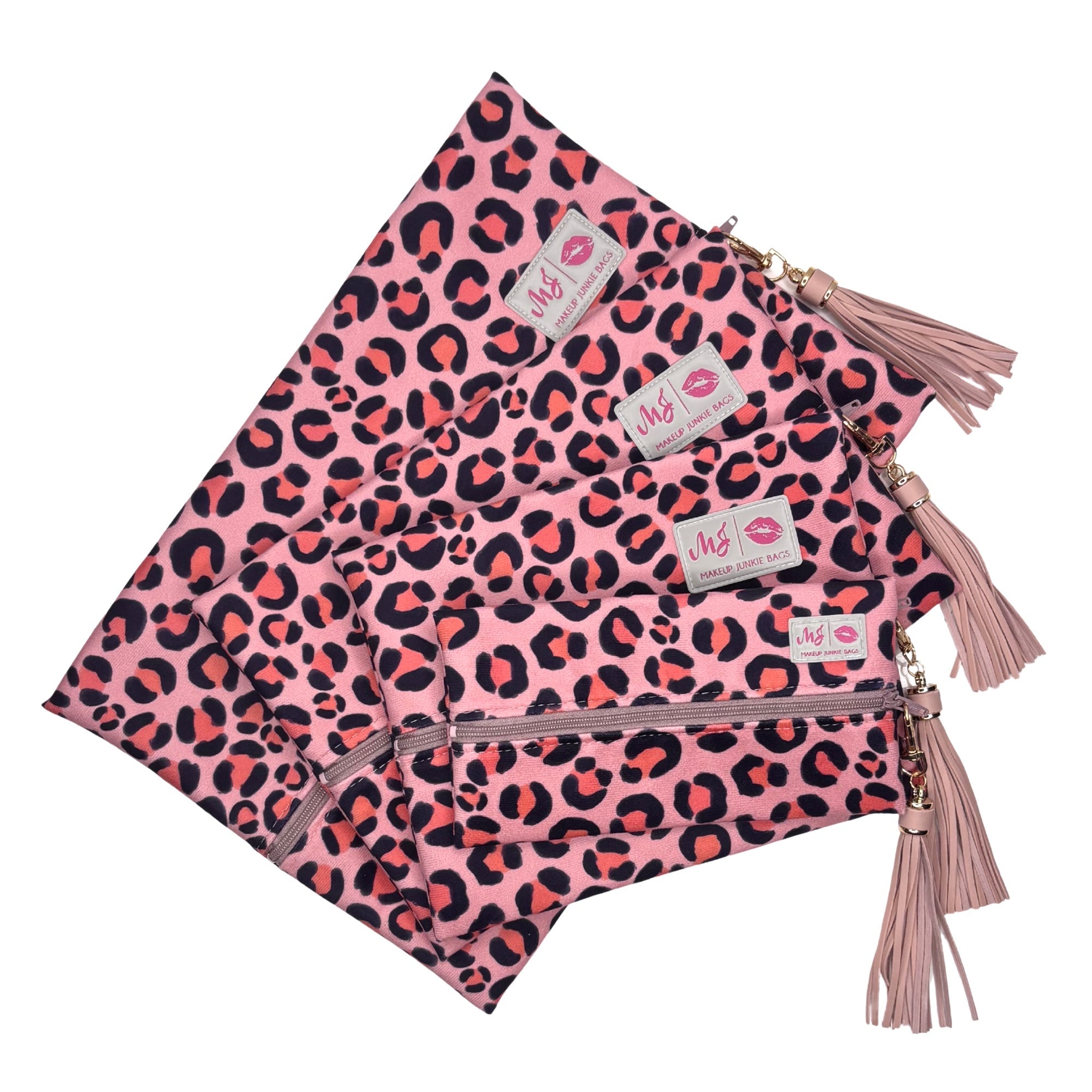 Pink leopard print pouches with gold zippers and tassels on a white background