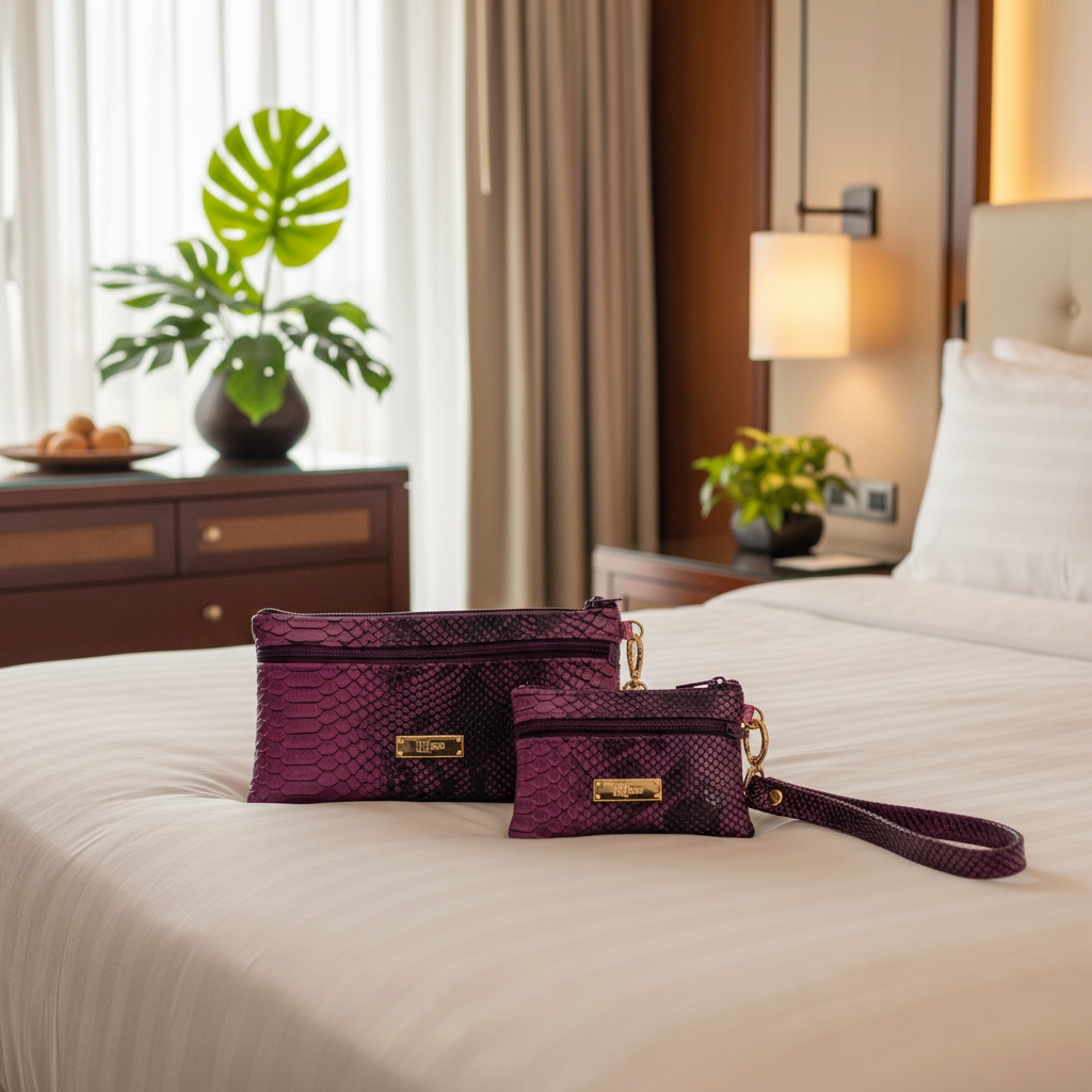 Two small wristlet pouches with a purple and black snakeskin pattern, gold-tone hardware, and matching wrist straps, shown on a plain white background.
