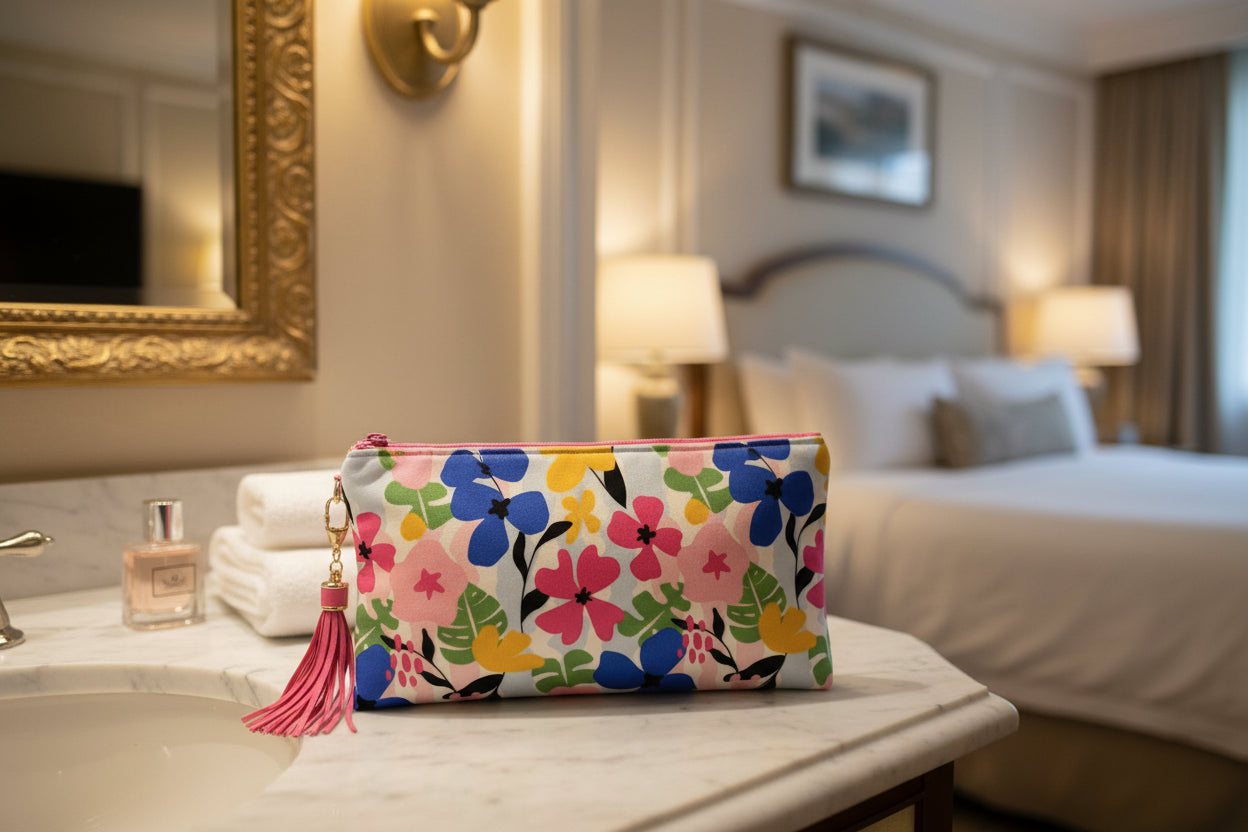 Floral patterned pouch with a tassel on a white background