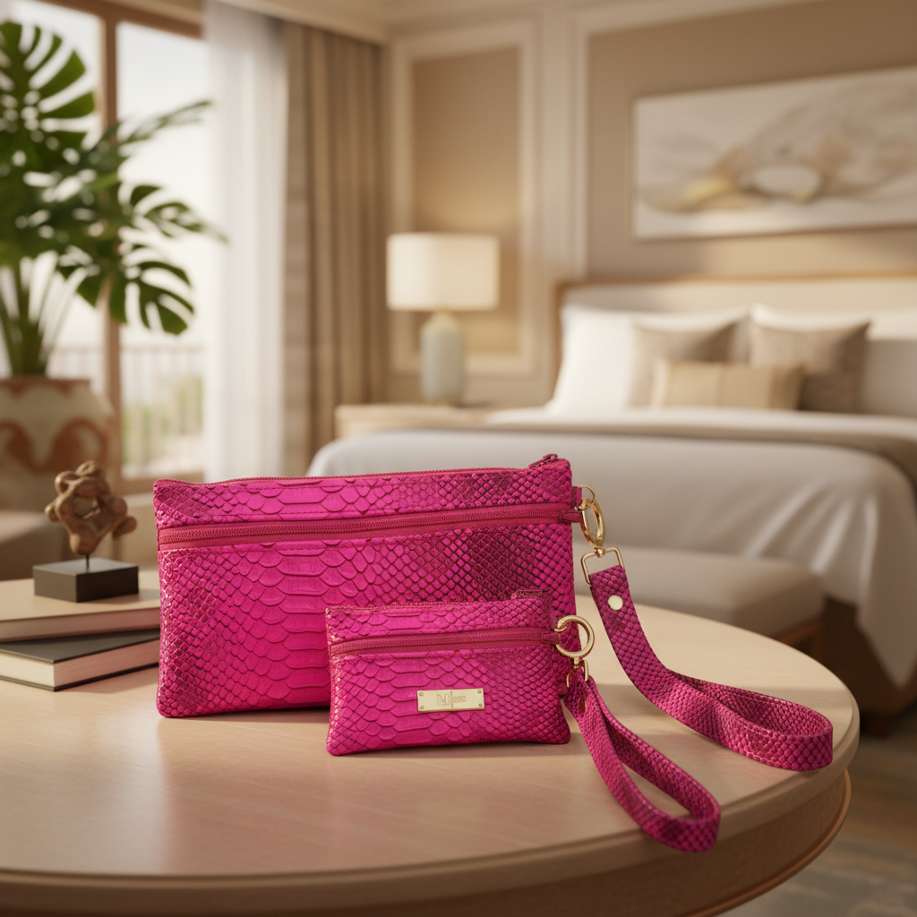 Two pink textured handbags with wristlets on a white background