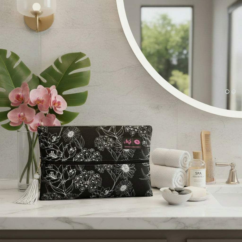 A black makeup shoe bag with a white floral line-art pattern, featuring a white tassel zipper pull and a pink 'Mg Makeup Shoe Bag' brand label on the front.