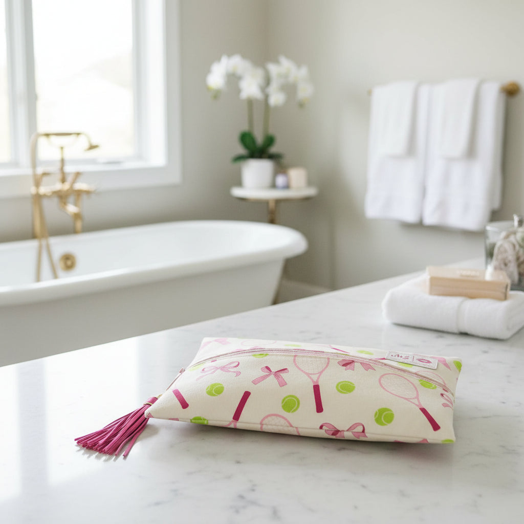 Makeup bag with tennis racket and bow pattern on a white background