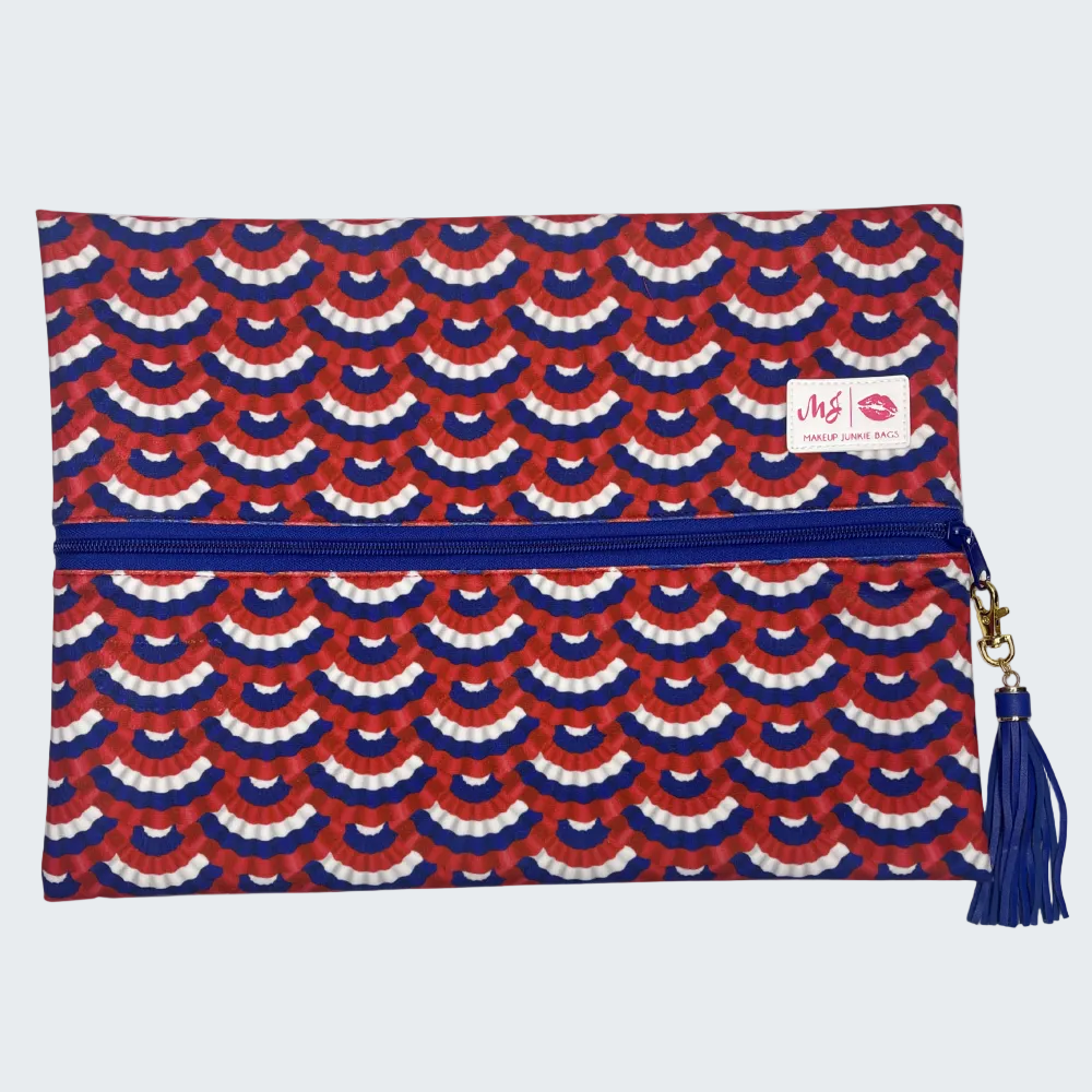 Pouch with red, white, and blue pattern on a white background