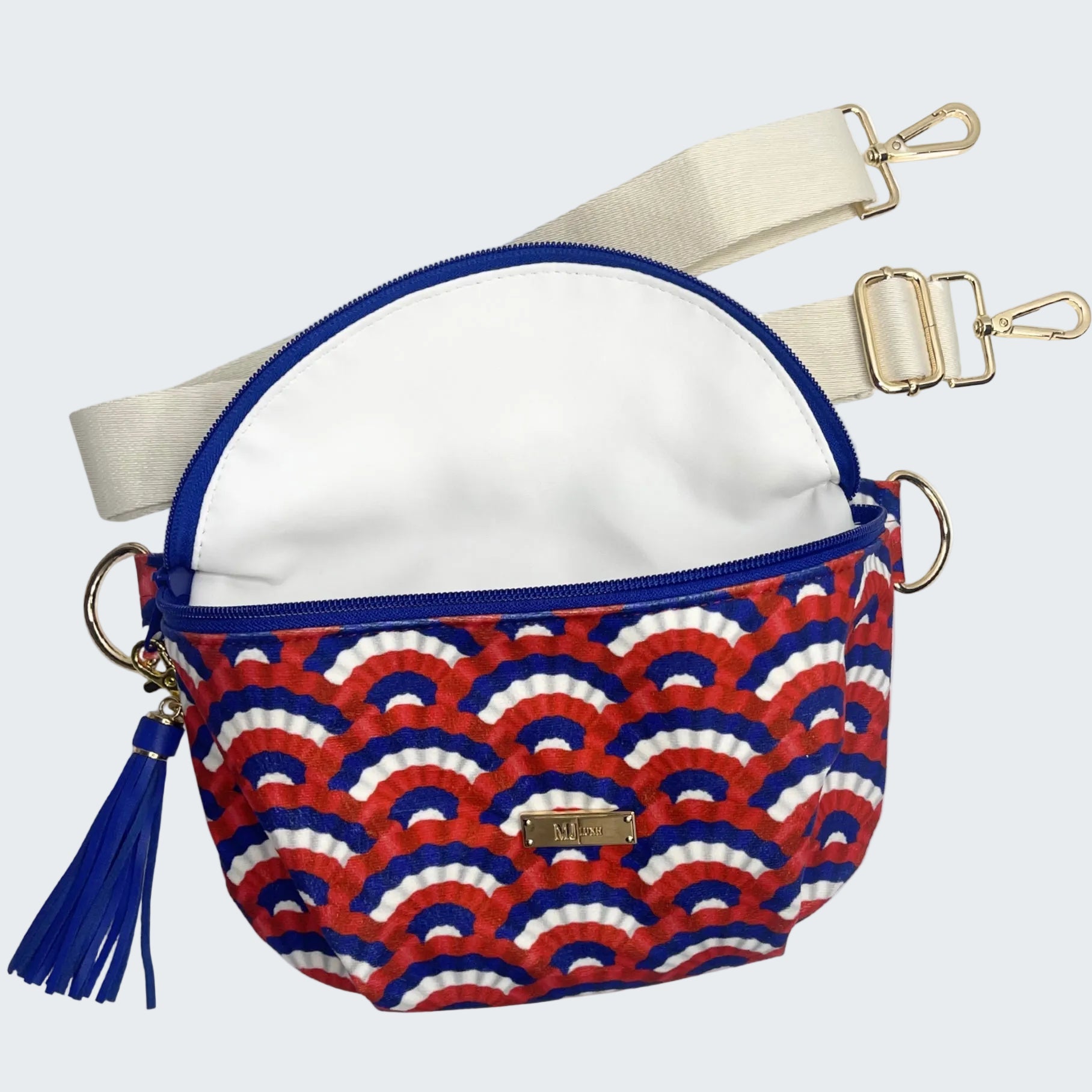 Fanny pack with red, white, and blue pattern on a white background