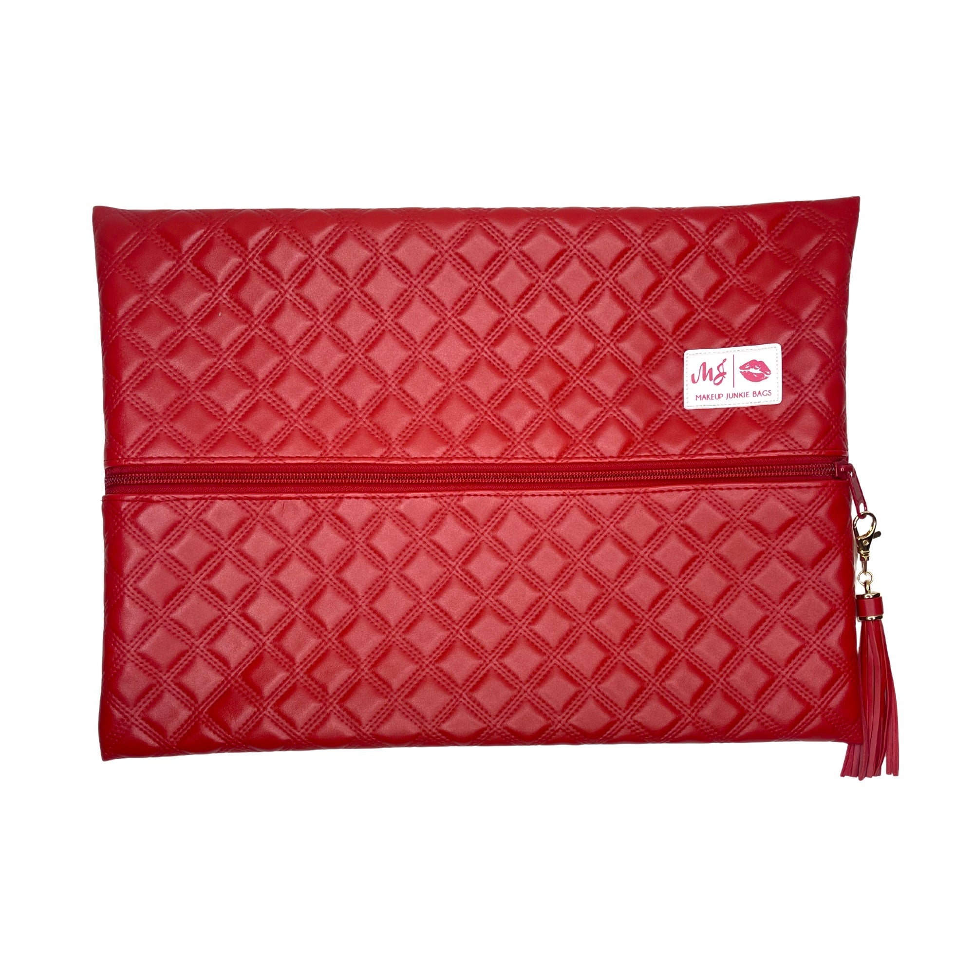 Red quilted pouch with a visible brand logo on a white background