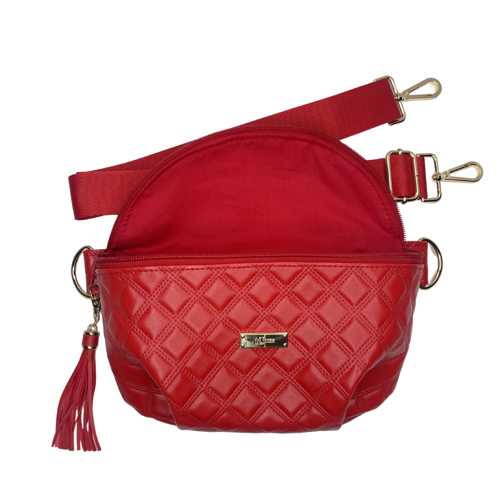 Red quilted handbag with gold accents on a white background
