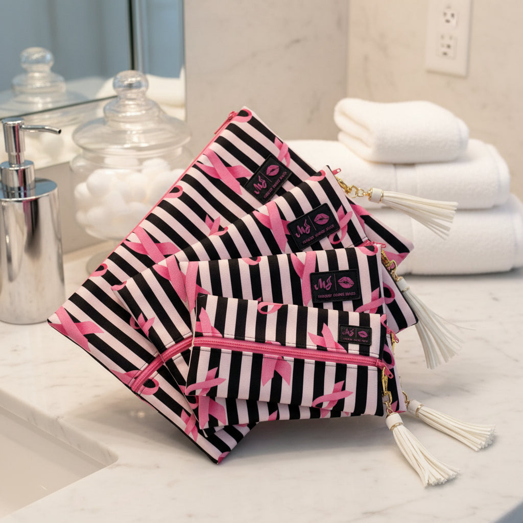 Set of three black and white striped bags with pink bows and tassels on a white background