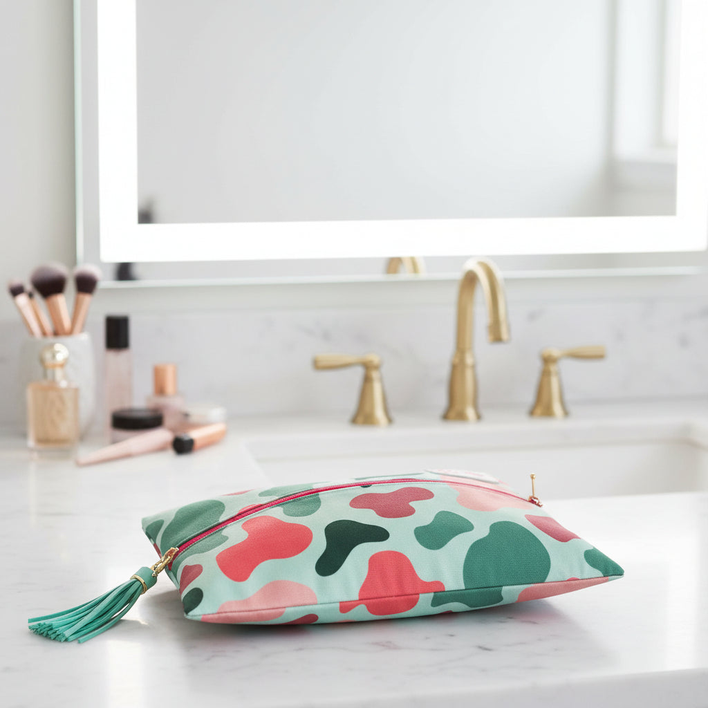 Makeup bag with pink and green abstract pattern on a white background