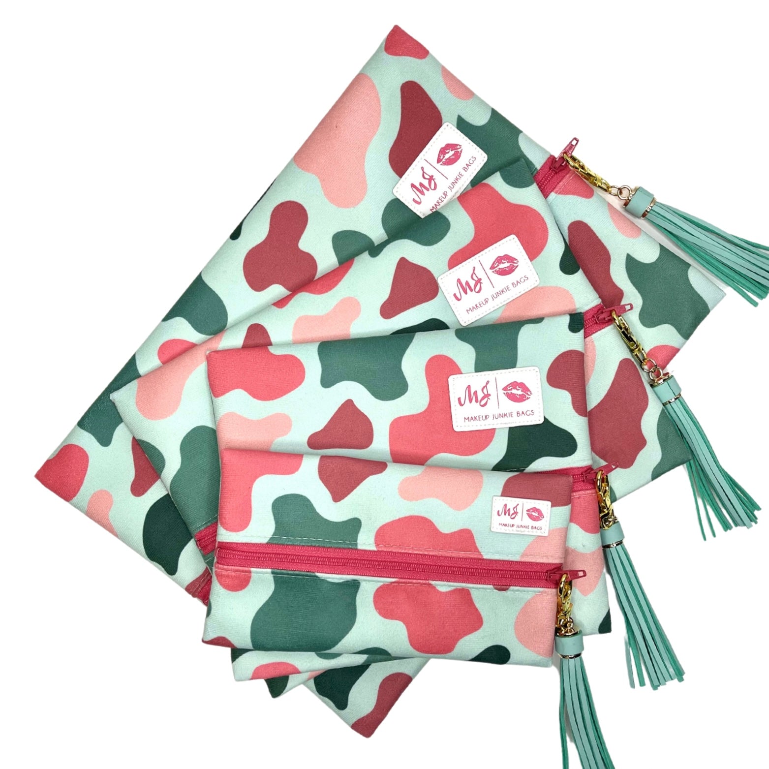 Camouflage-patterned pouches with tassels on a white background
