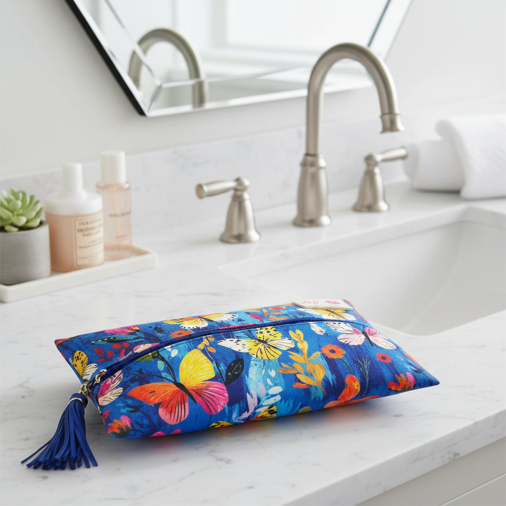 Makeup clutch bag with butterfly design on a blue background