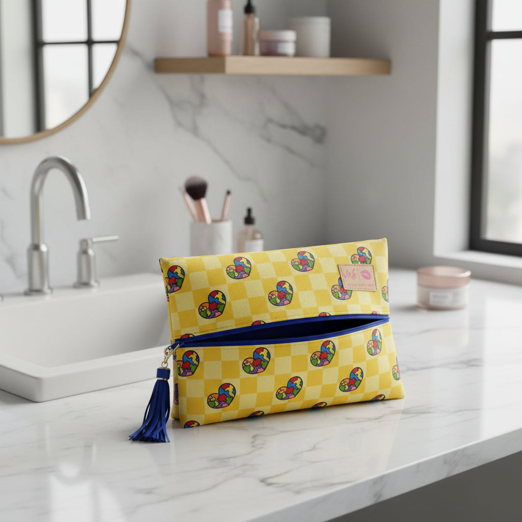 Yellow checkered pouch with colorful heart patterns and a blue zipper on a white background