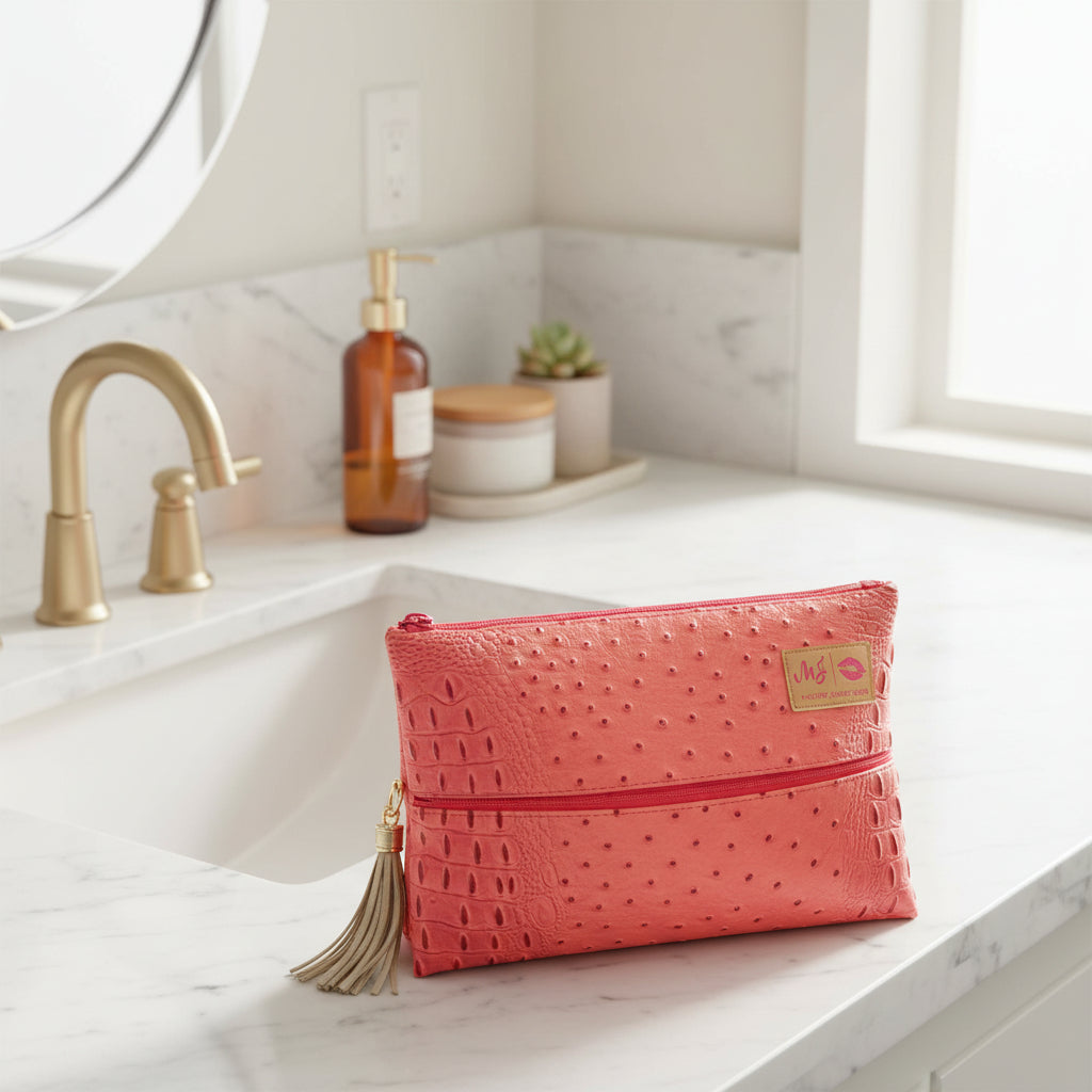 Pink textured clutch bag with a tassel on a white background