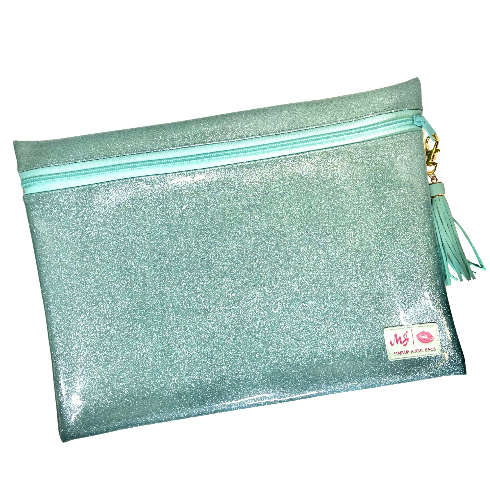 Glittery green pouch with a gold zipper and tassel on a white background