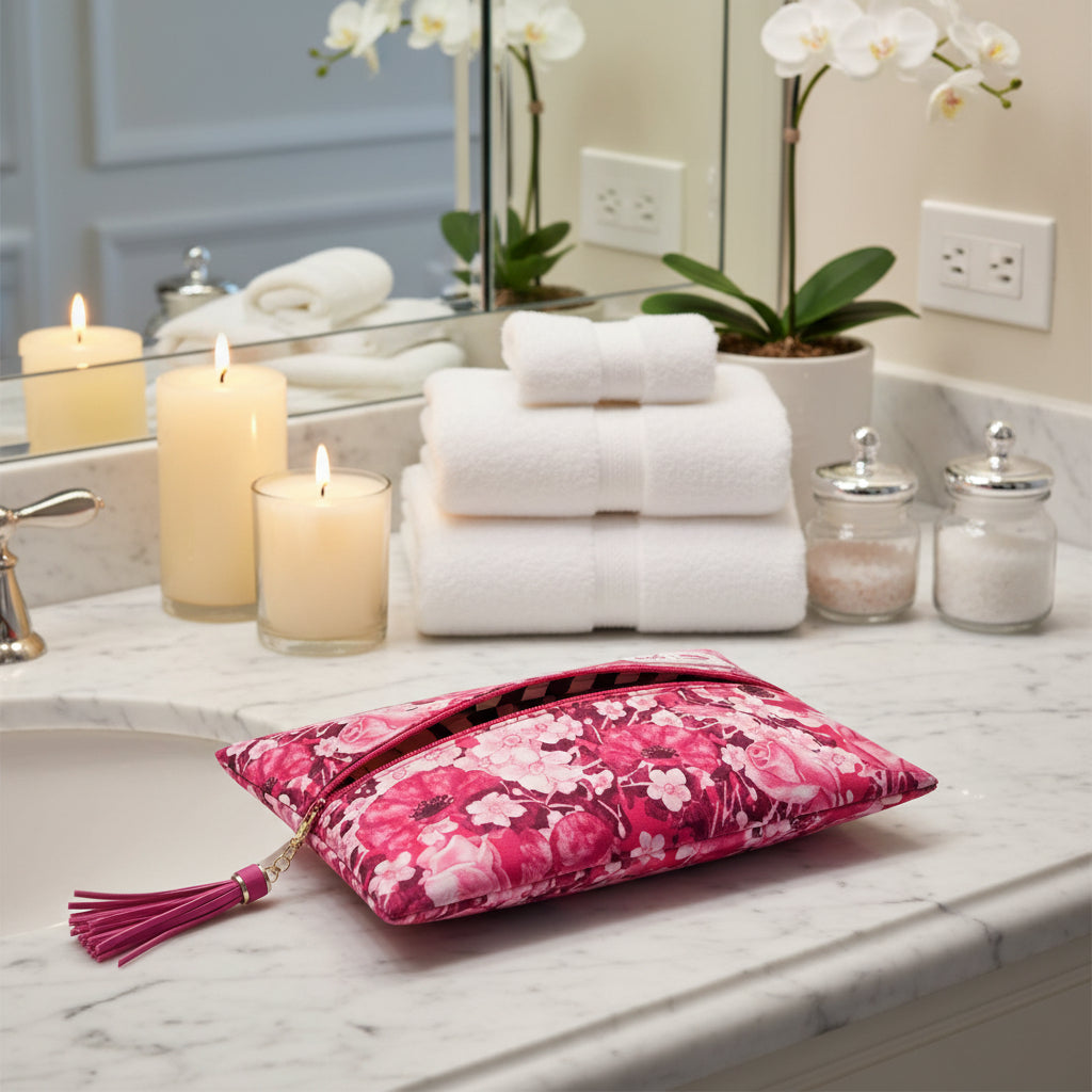 A pink floral zippered clutch pouch with a tassel zipper pull, featuring a black and white striped inner pocket and a small white brand label that reads 'MSG Makeup Jars Ball'.