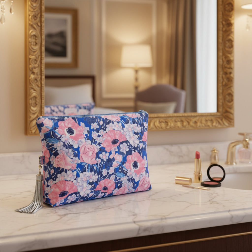 A floral zippered pouch with a blue, pink, and white poppy pattern, featuring a silver tassel zipper pull and a small 'PINK' brand label on the front.