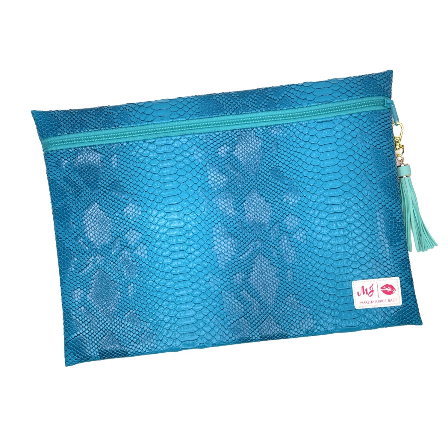 Blue mesh pouch with a tassel on a white background