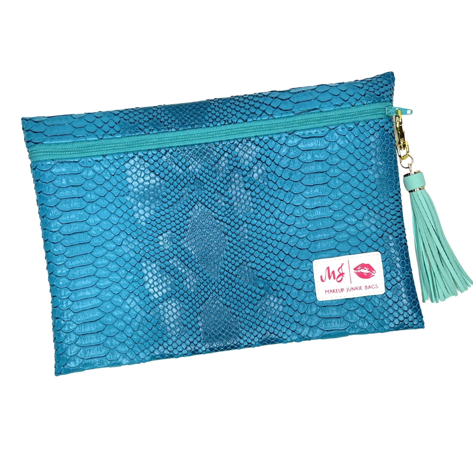 Blue textured pouch with a tassel on a white background