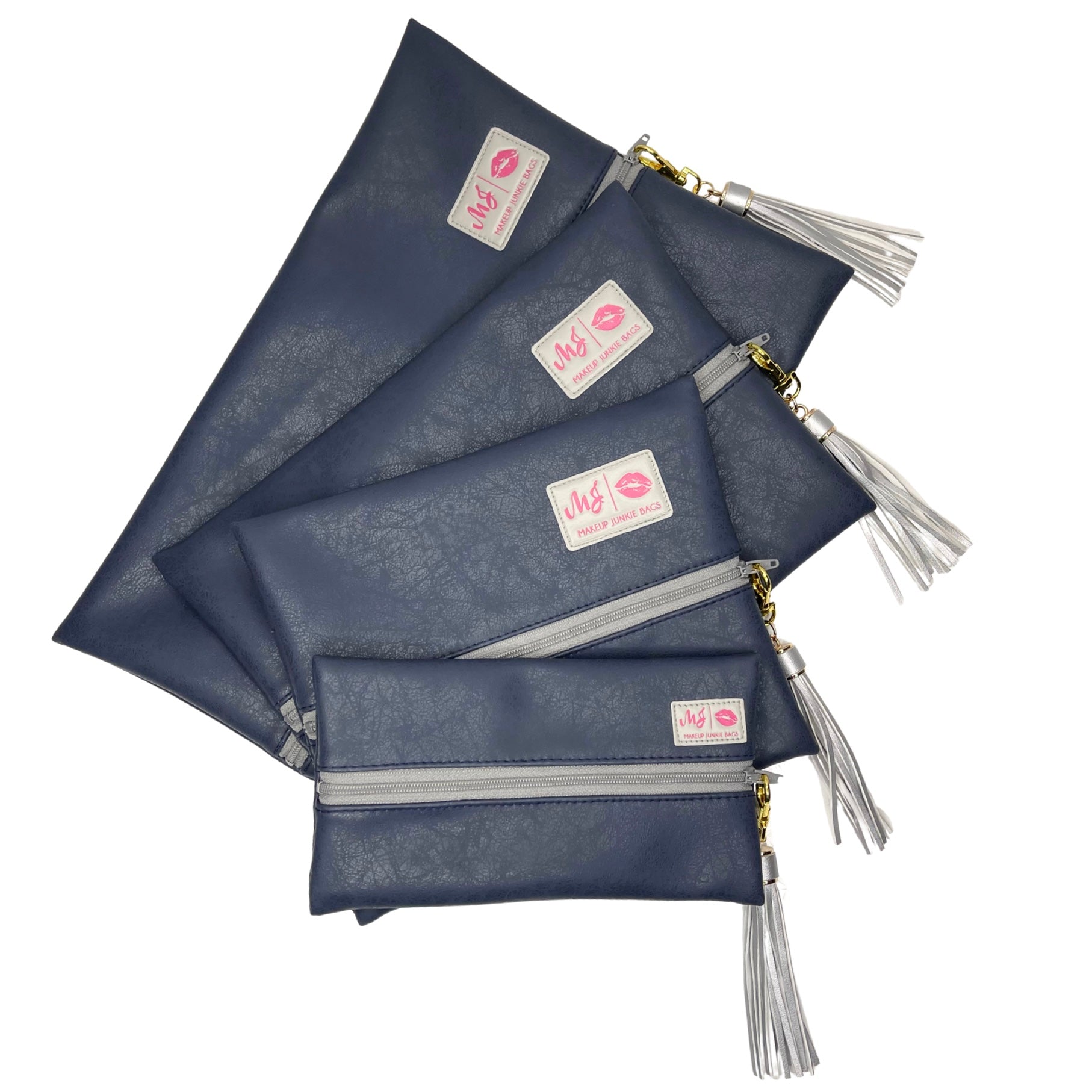 Set of blue pouches with tassels and visible brand label on a white background
