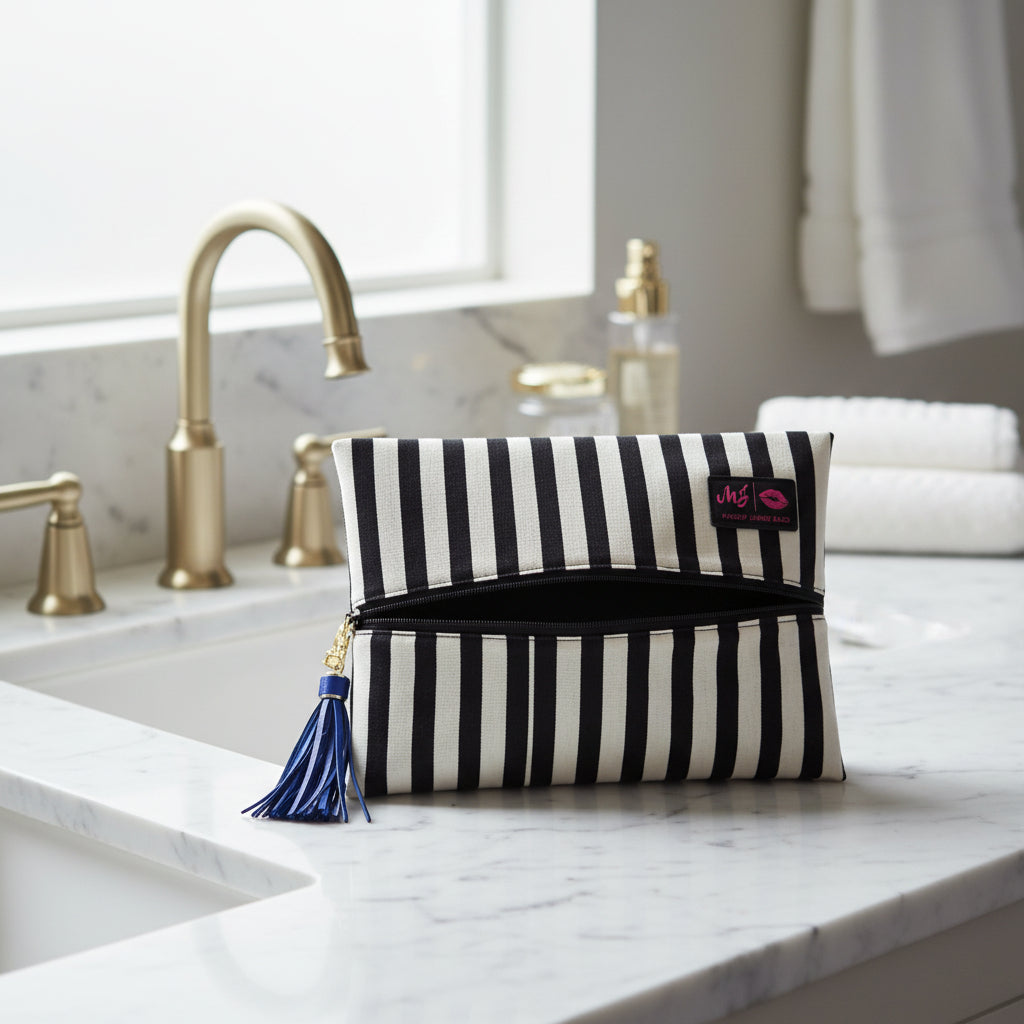 Black and white striped makeup bag with a blue tassel on a light gray background