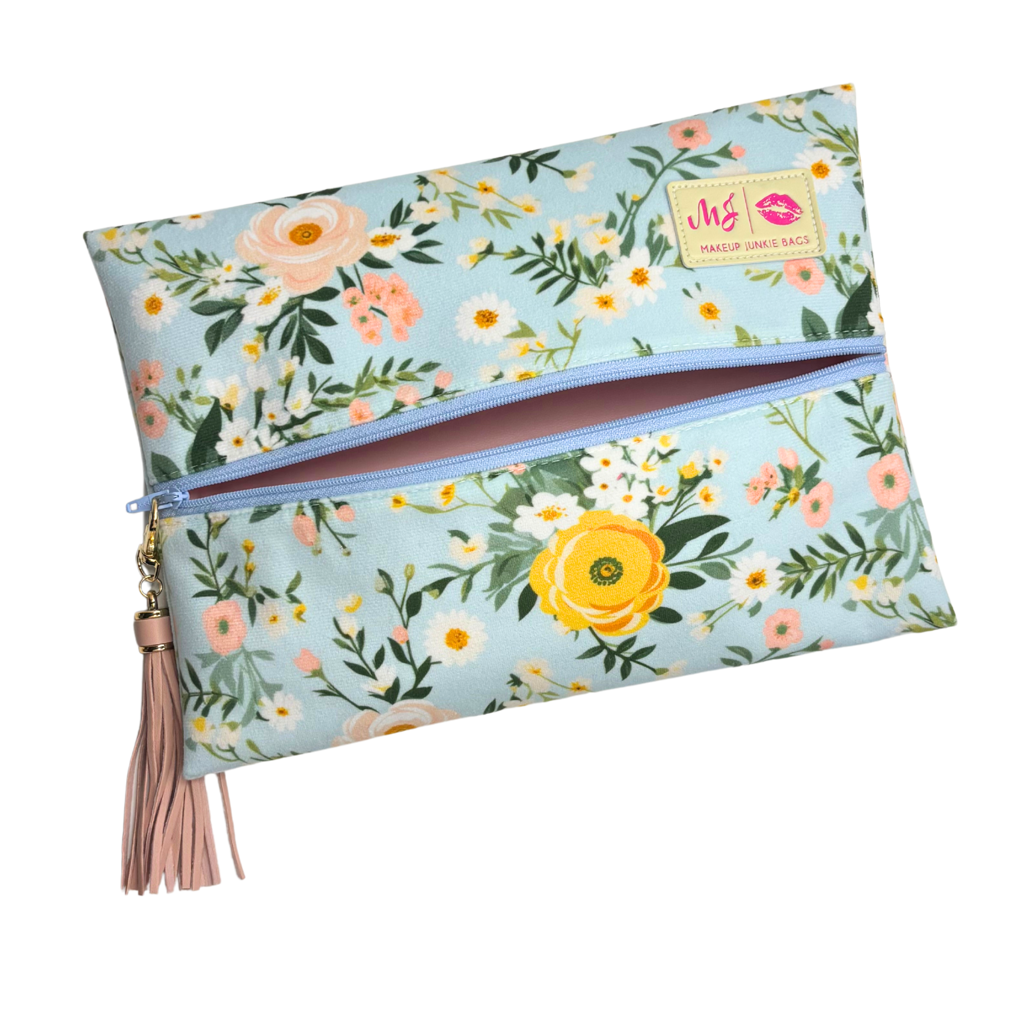 Floral-patterned pouch with a zipper and tassel on a white background