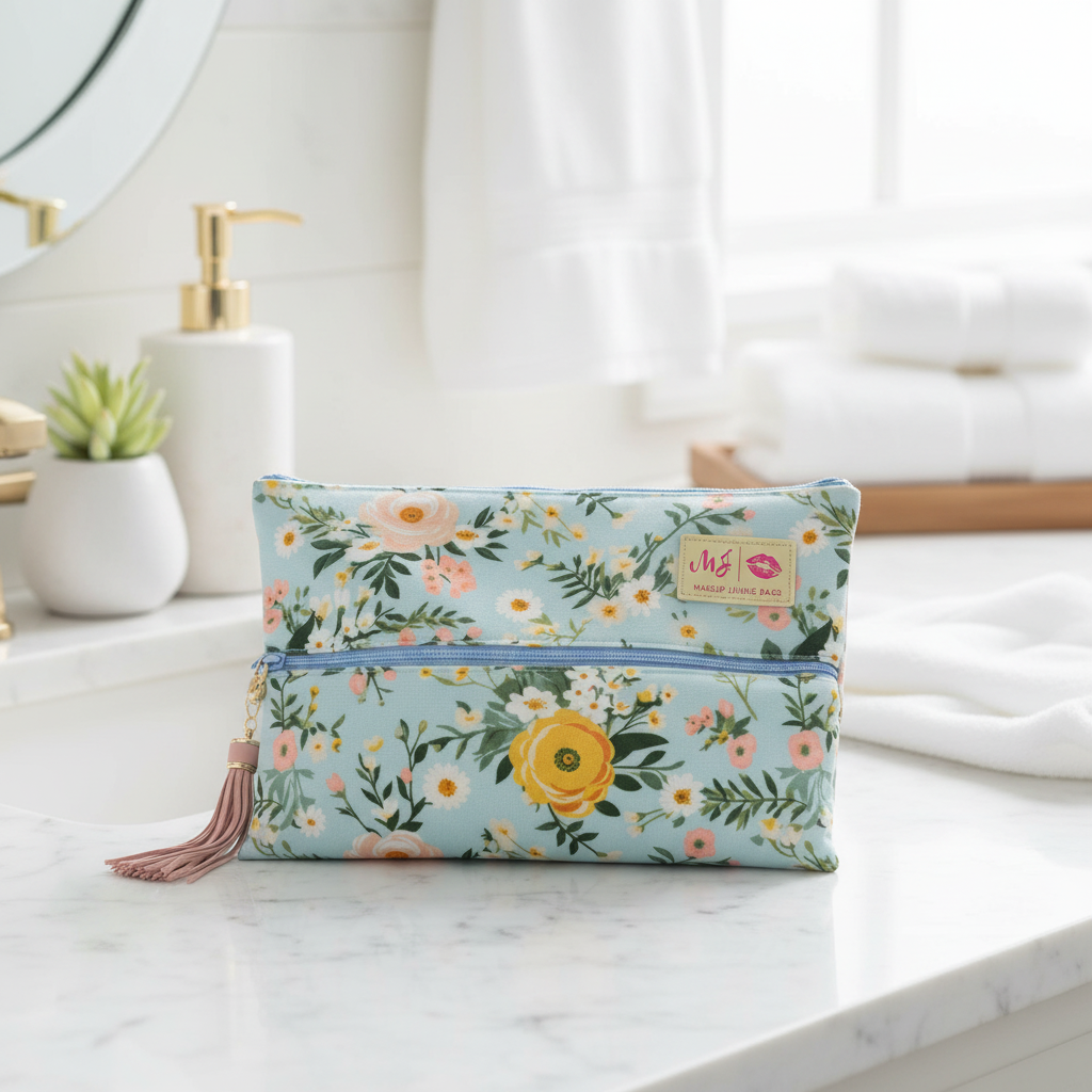 Floral-patterned pouch with a zipper and tassel on a white background