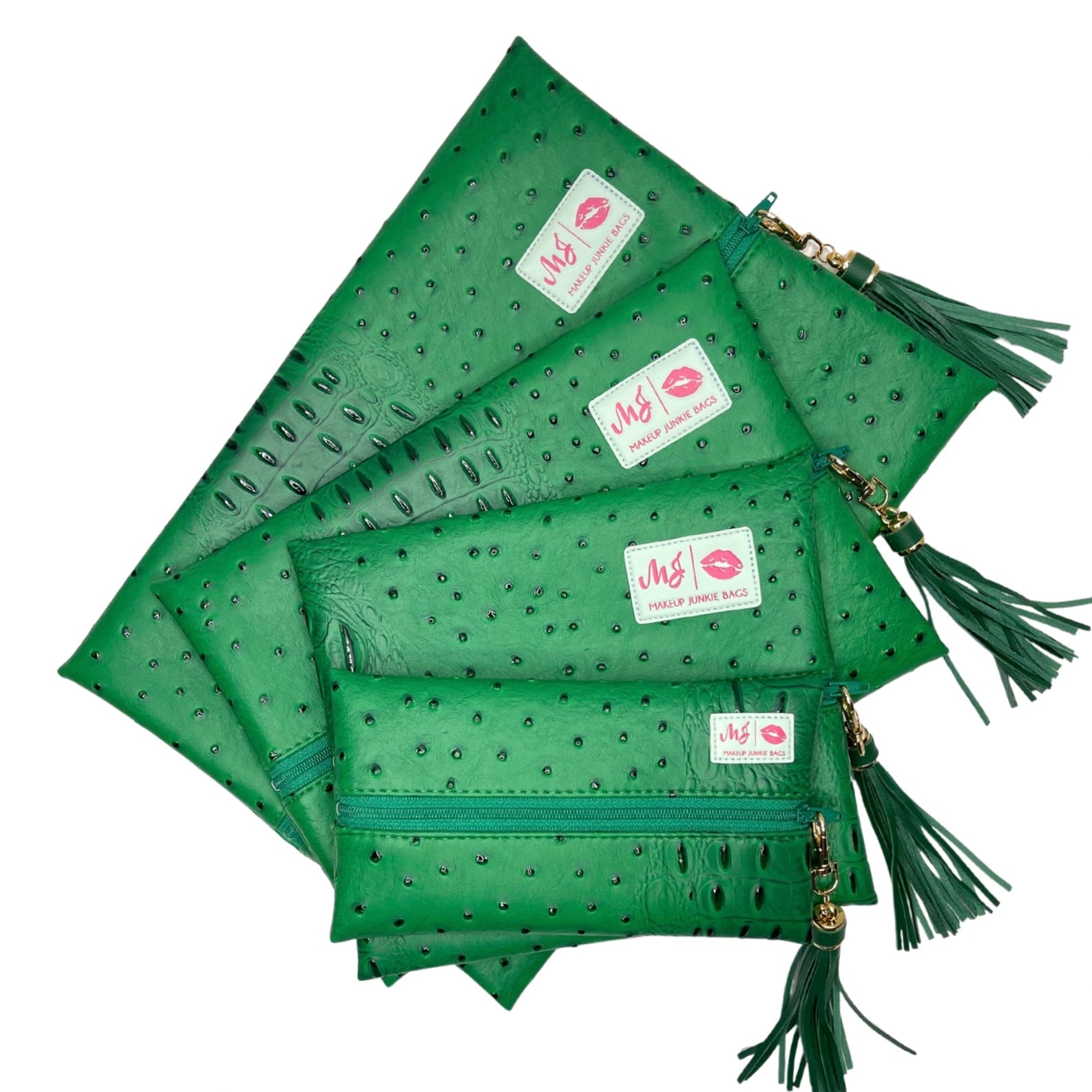 Set of green handbags with visible brand logo on a white background