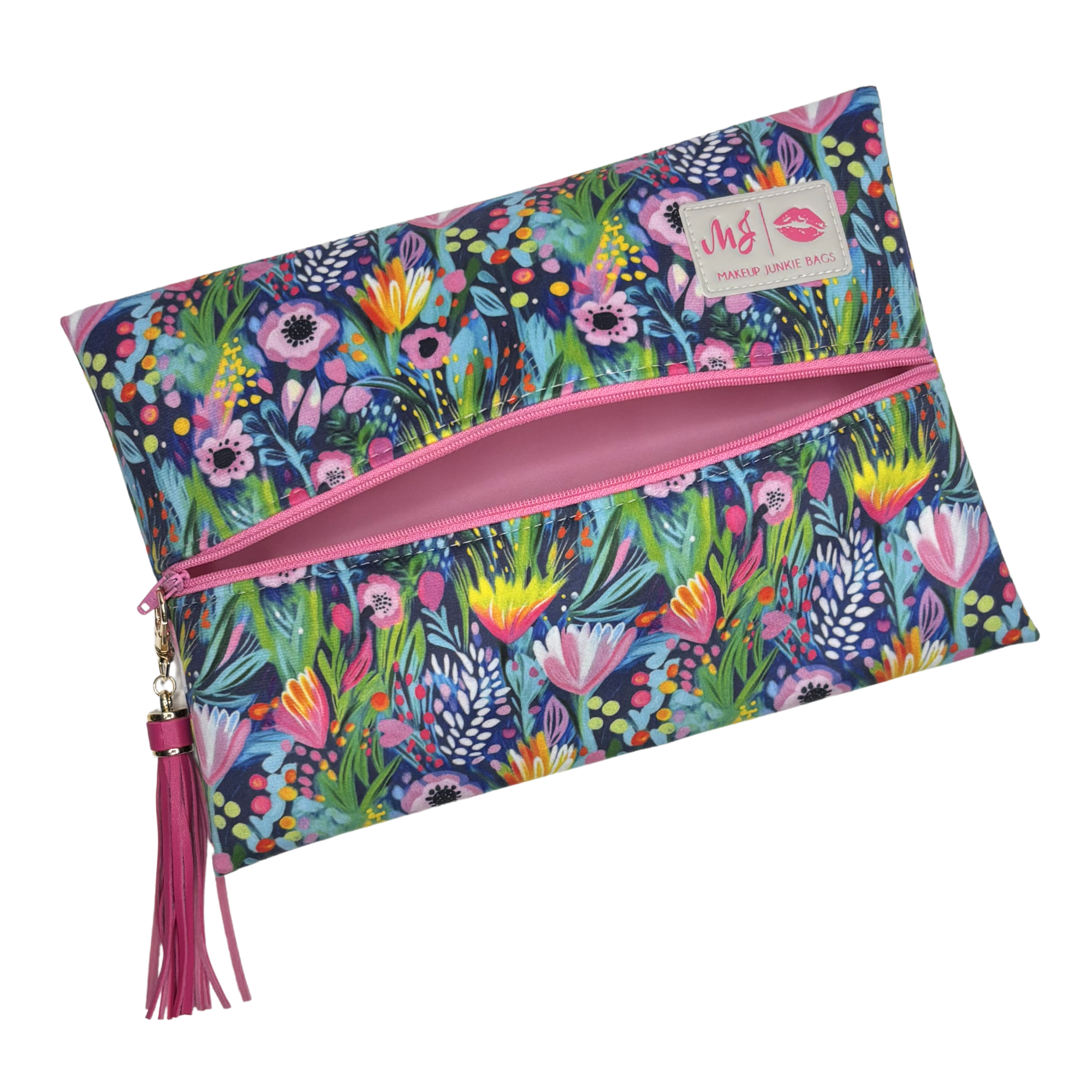 Floral patterned pouch with pink zipper and tassel on a white background
