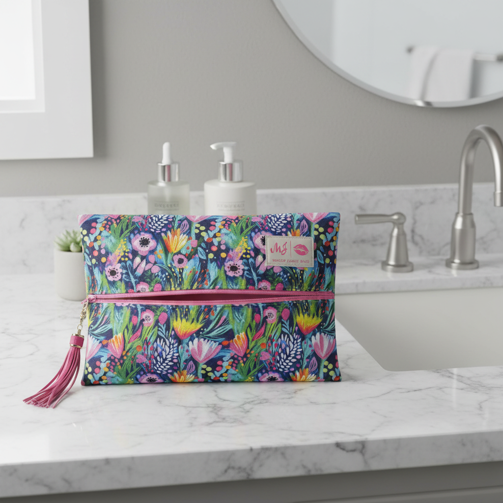 Floral patterned pouch with pink zipper and tassel on a white background