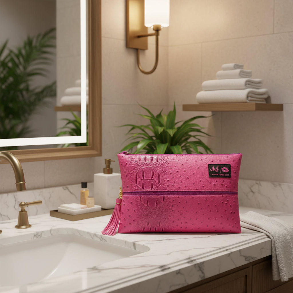 Pink makeup bag with embossed design and tassel on a light gray background