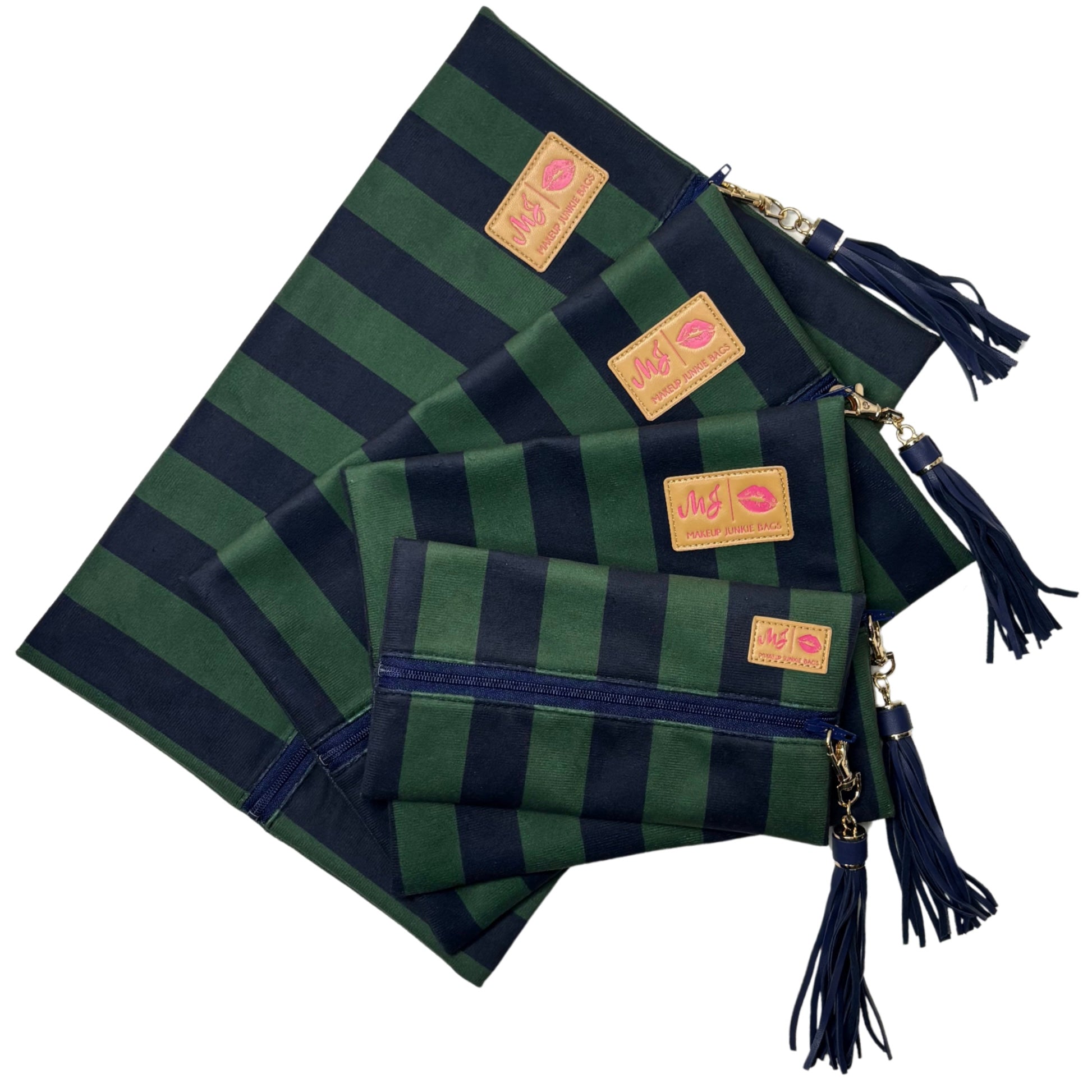 Set of green and navy striped bags with tassels on a white background