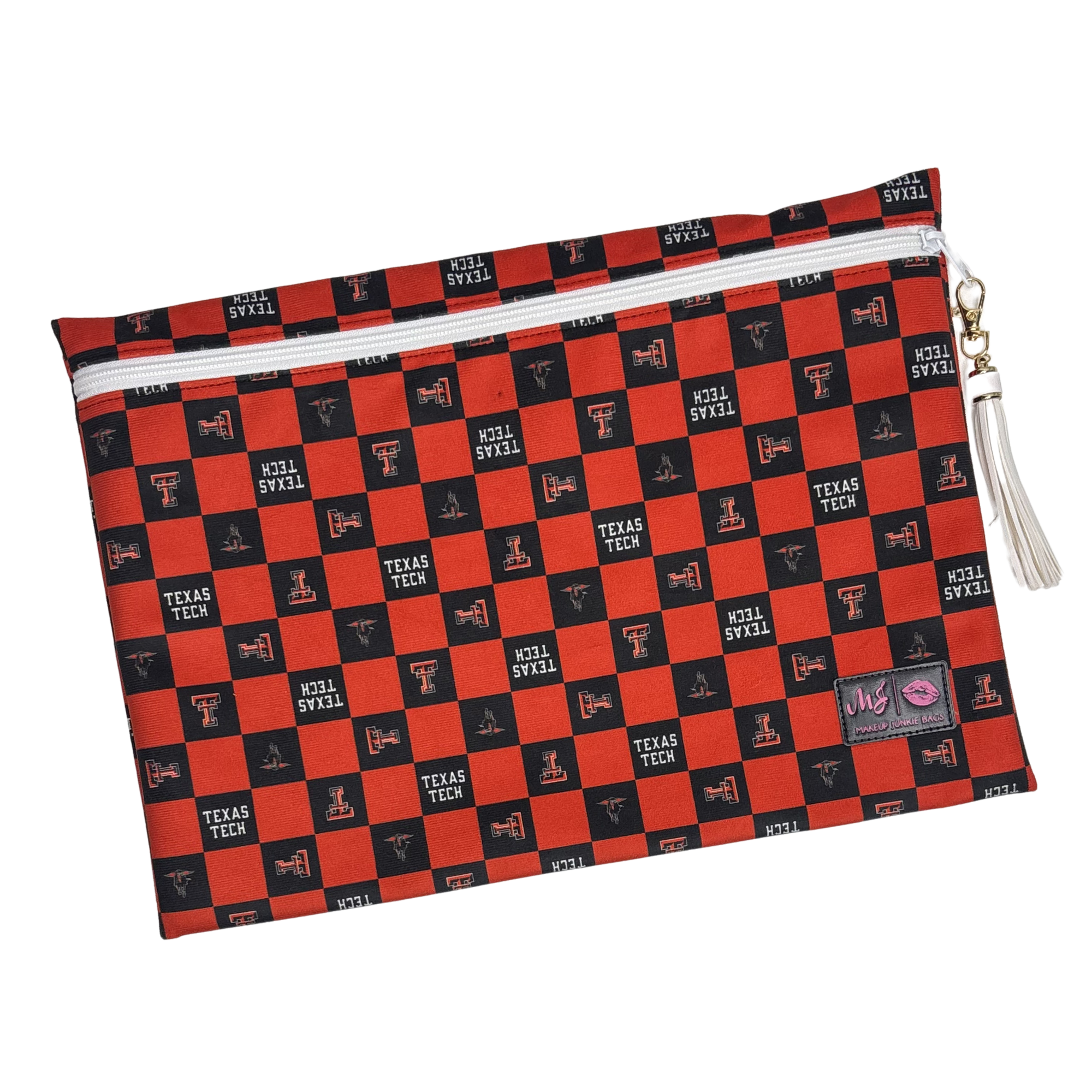 Checkered pouch with Texas Tech logo on a white background