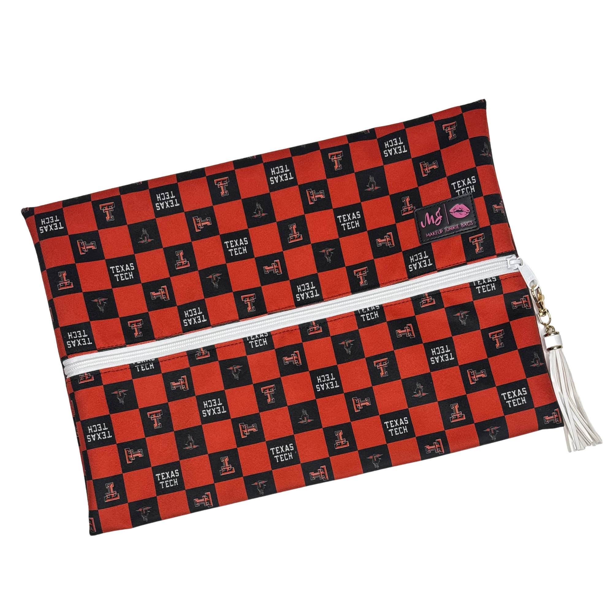 Double zipper pouch with Texas Tech pattern on a white background