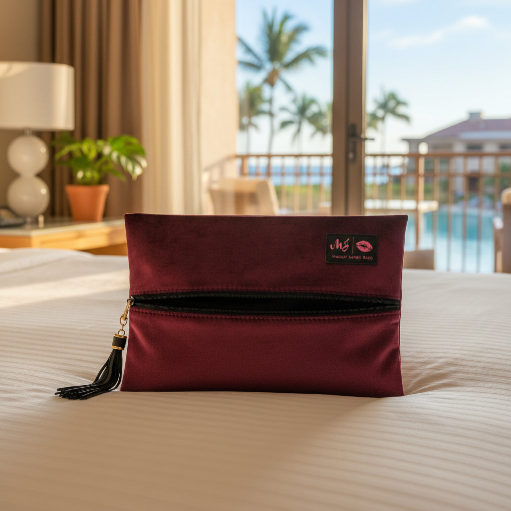 A deep burgundy velvet clutch pouch with a black zipper and a black tassel charm, featuring a small black brand patch on the top right that reads 'mj Makeup Jammer Shop'.